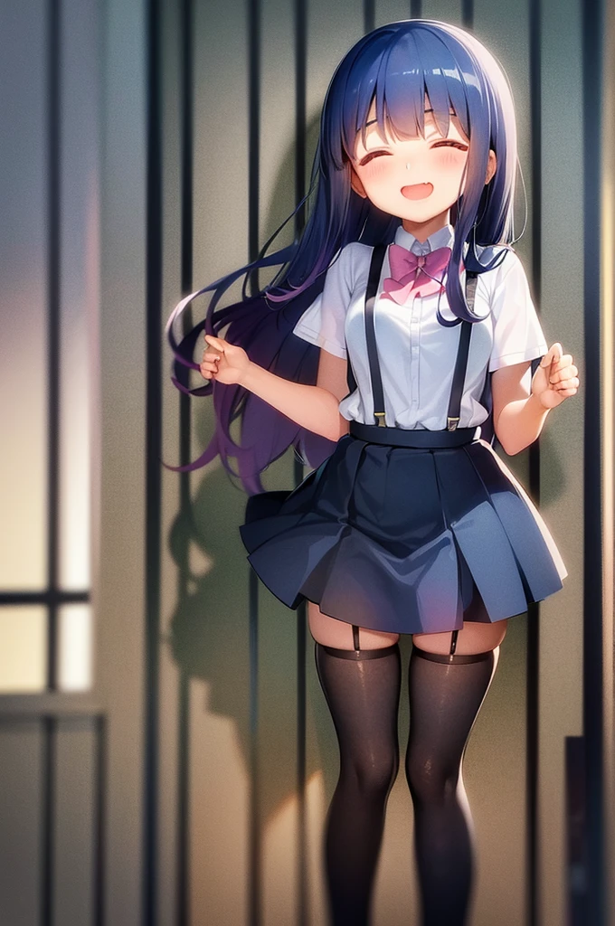 ((li)), middle hair, navy hair, dark blue hair, round eyes, ((closed eyes)), tareme, 1 girl, smile, (blush), open mouth, medium breasts, ((petite)),［pale skin］(suspender skirt), miniskirt, t-shirt, ribbon choker, ((waving)), ((full body)), sunny, countryside, rural