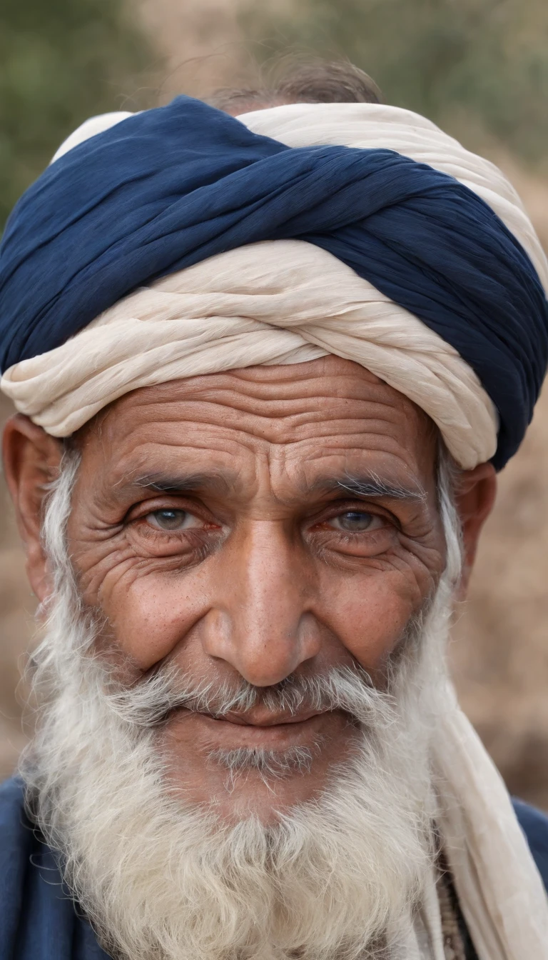 Very Old man from Pakistan, very wise, (((many wrinkles)))), long orange and white beard, pathan, (((blue eyes))), kind, smile, tipical pakistani costume, tipical pathan pakistani hat