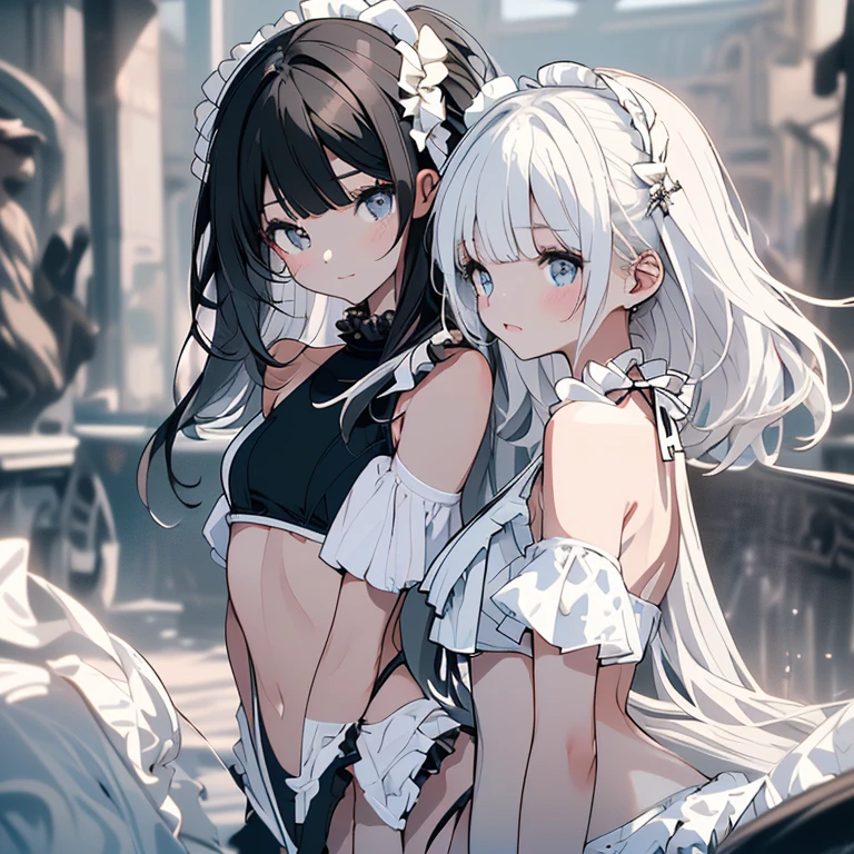 ((​masterpiece、top-quality:1.5、a high chroma:1.5、ultra-detailliert、high-resolution illustrations:1.5、Ultra-high-definition CG、8k size wallpaper、offcial art))、((2girls、twin sisters)),(yuri),(cute face:1.5)、(clear face:1.3),(Shining eyes:1.5)
 ((black-only color scheme highleg swimsuit:1.5)), ((white-only color scheme frilled bikini:1.5)),(sexy body),(One is only black and the other is only white:1.5),(),(), ((medium breasts))、
,(Background is bright colors, summer beach)、midjourney