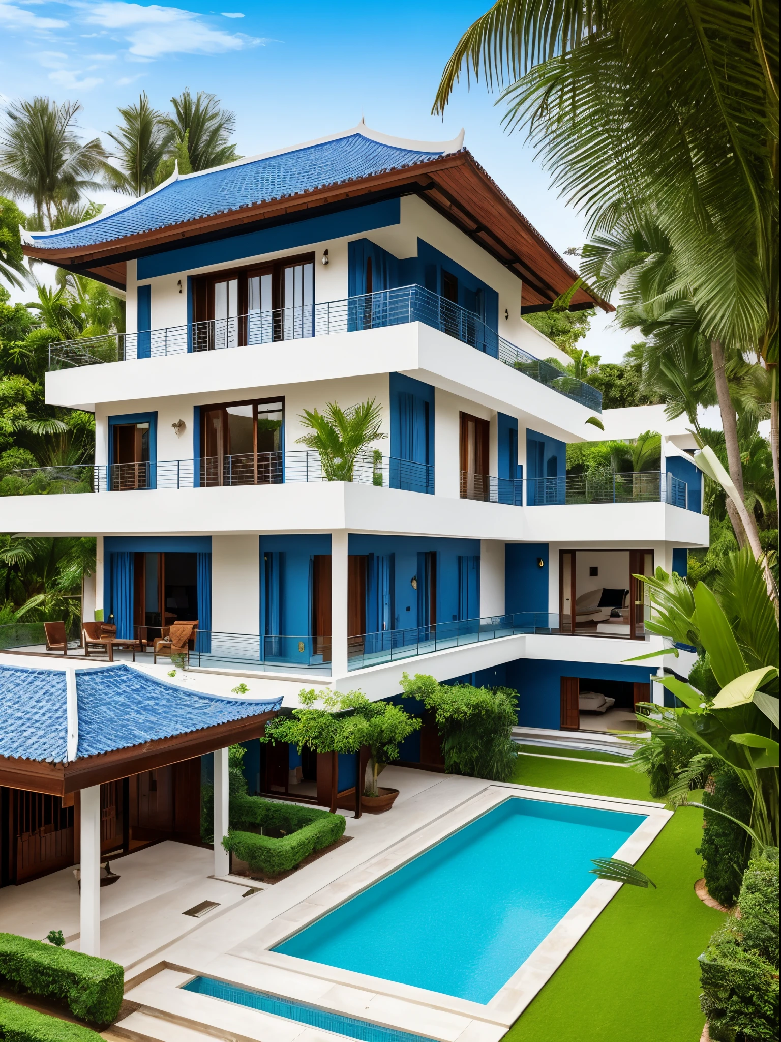 Indochina style house, 3 floors high, has a blue tiled roof, mainly gilded European furniture, has a yard with beautiful grass, modern glass windows, area about 500 square meters, has a swimming pool as well. like a supercar in front of the house, the interior has moldings as well as French cultural features, blue sky and white clouds, and a model at the swimming pool.
