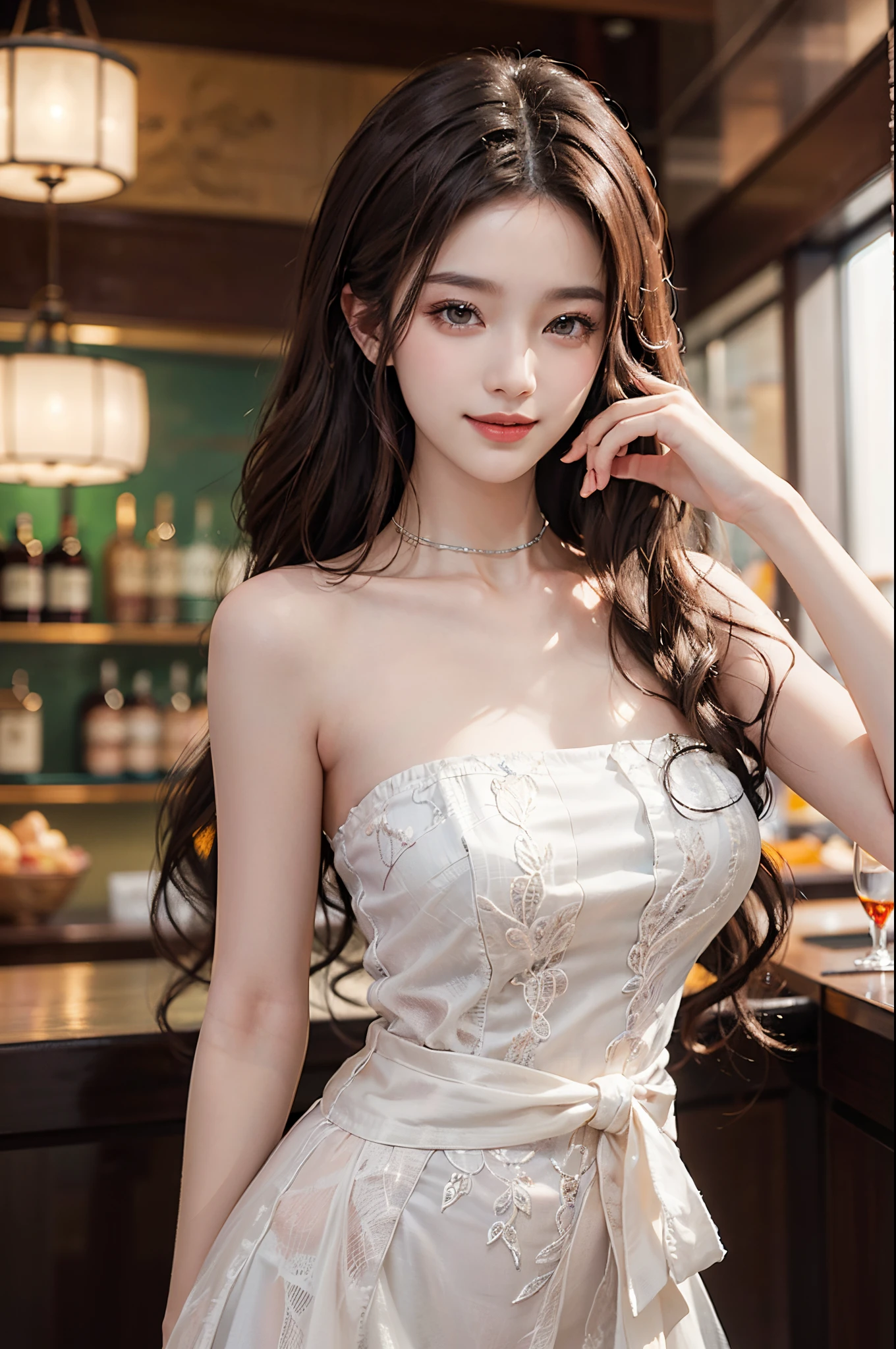 Sweet girl clothes4,strapless dress,jewelry,fashi-girl, liuyifei,((from below)),((cowboy shot)), a beautiful girl, a young female model, random pose, elegant pose, visually appealing, masterpiece, (best quality, 4k, 8k, highres, masterpiece:1.2), ultra-detailed, ultra-fine painting, exquisite face, slender figure, smiling, radiant smile, In a bar, stand and lean against the bar counter