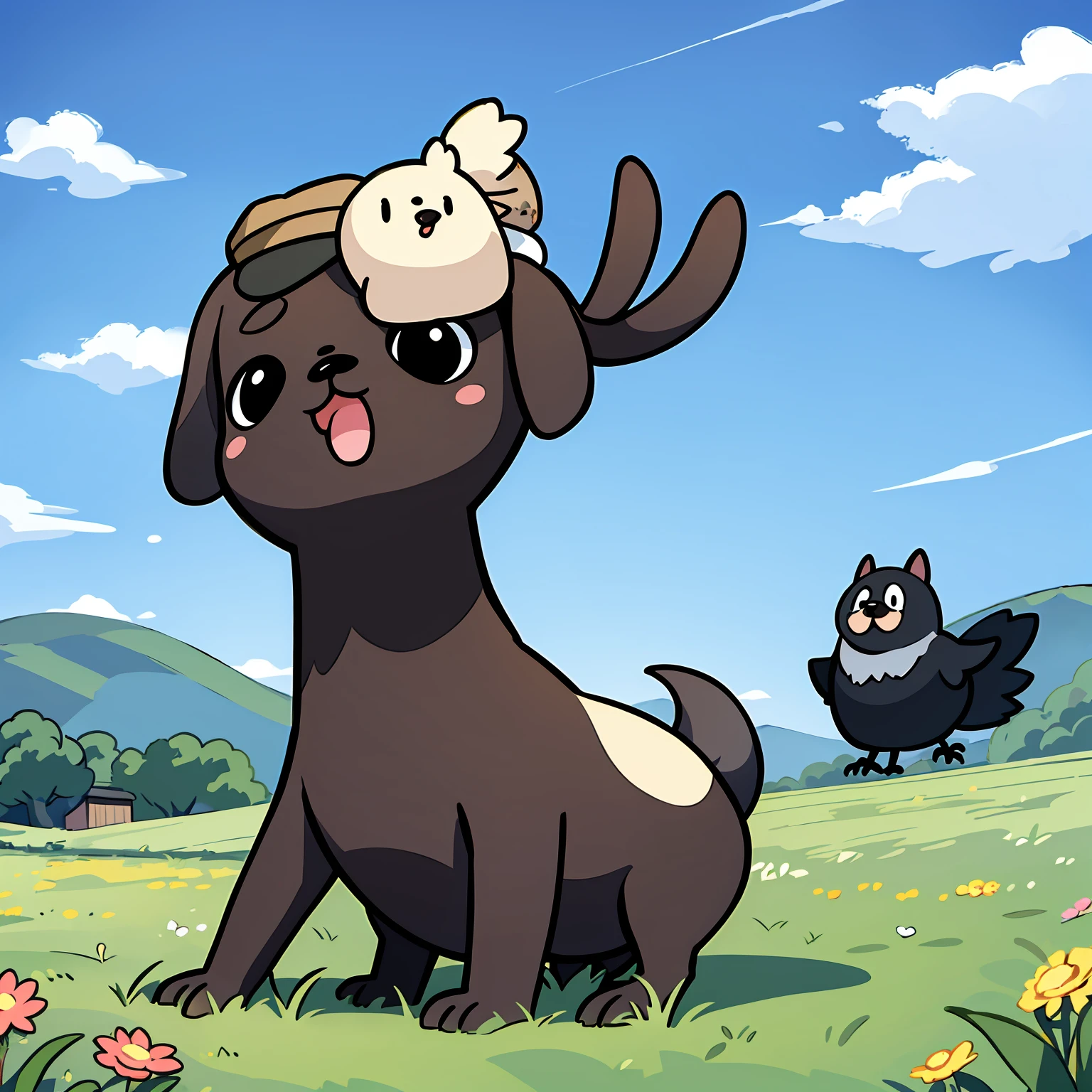 1dog,pug,square dog,Looks fun、with the black bird, In the field,animesque、springtime