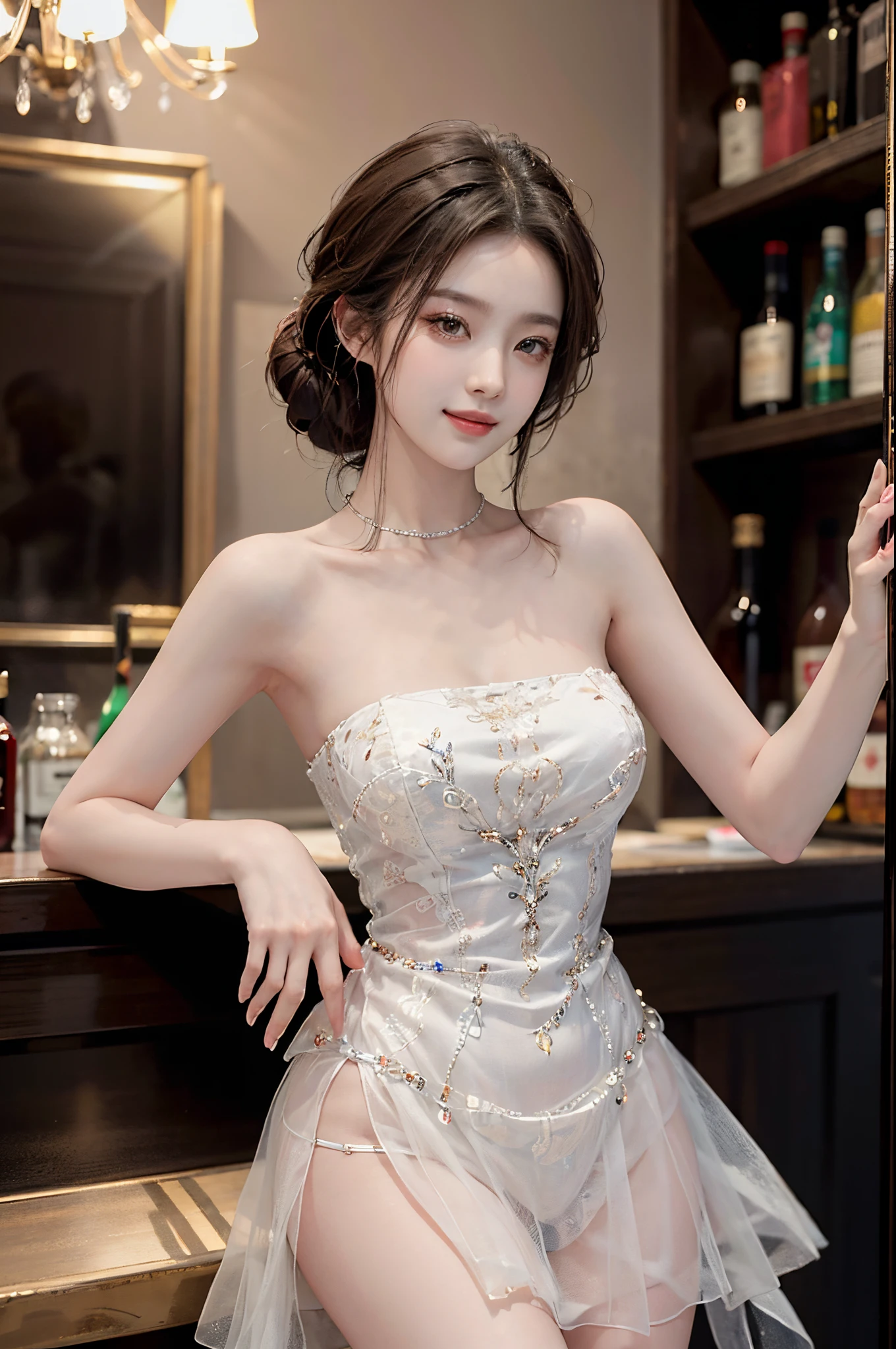 Sweet girl clothes4,strapless dress,jewelry,fashi-girl, liuyifei,((from below)),((cowboy shot)), a beautiful girl, a young female model,  random pose, elegant pose, visually appealing, masterpiece, (best quality, 4k, 8k, highres, masterpiece:1.2), ultra-detailed, ultra-fine painting, exquisite face, slender figure, smiling, radiant smile, In a bar, stand and lean against the bar counter