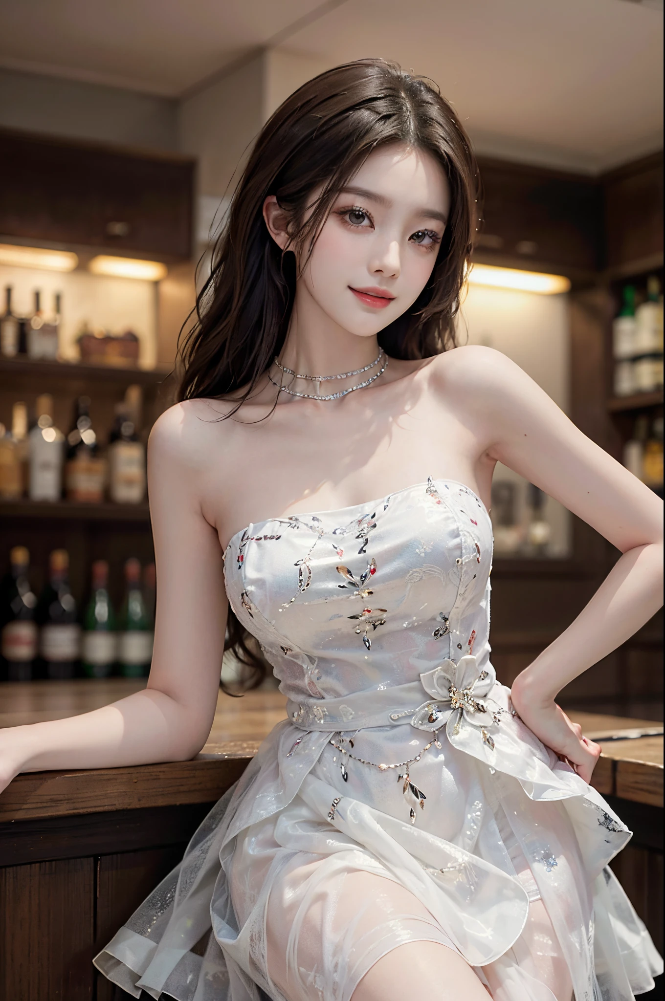 Sweet girl clothes4,strapless dress,jewelry,fashi-girl, liuyifei,((from below)),((cowboy shot)), a beautiful girl, a young female model, random pose, elegant pose, visually appealing, masterpiece, (best quality, 4k, 8k, highres, masterpiece:1.2), ultra-detailed, ultra-fine painting, exquisite face, slender figure, smiling, radiant smile, In a bar, stand and lean against the bar counter