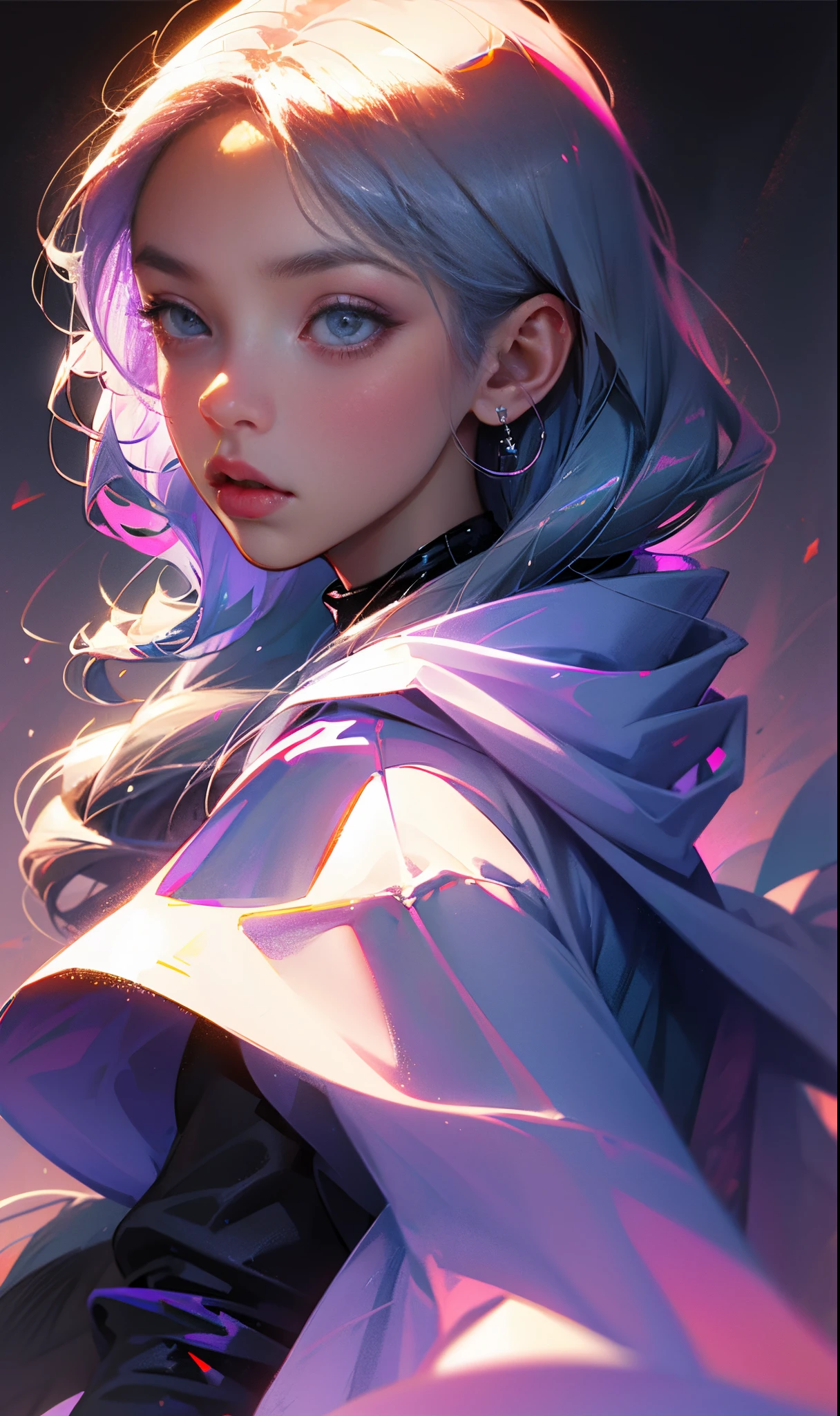 a girl from the future with lilac hair in a silver jacket on a gray background --auto --s2
