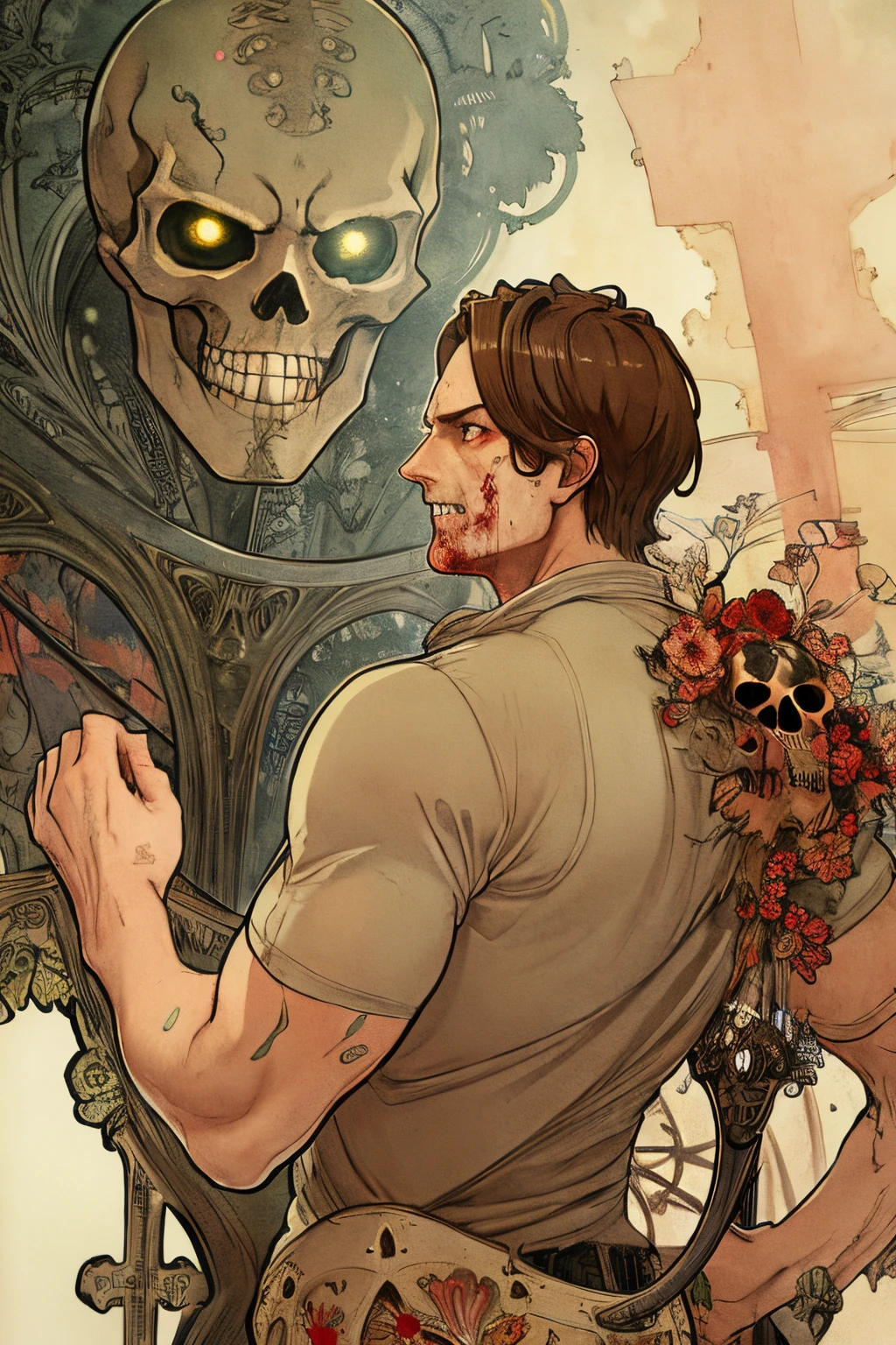 SFW,masutepiece, Best Quality, High resolution, 1man, upper body, Details , detail hands, Detail fingers, Detail Face, detail legs, watercolor paiting, in graveyard, Brown hair, short hair, tattered clothes, blue eyes, zombie, skull, bone, (art nouveau:1.25), Maximalism artstyle, neon theme, suprematism, crying, beautiful detailed eyes,hyper detailed, beautifuly color, high details, high quality, back light, upper body , high quality, hair with body, cluster amaryllis, zombie, hammer, blood, blue skin, in battlefield