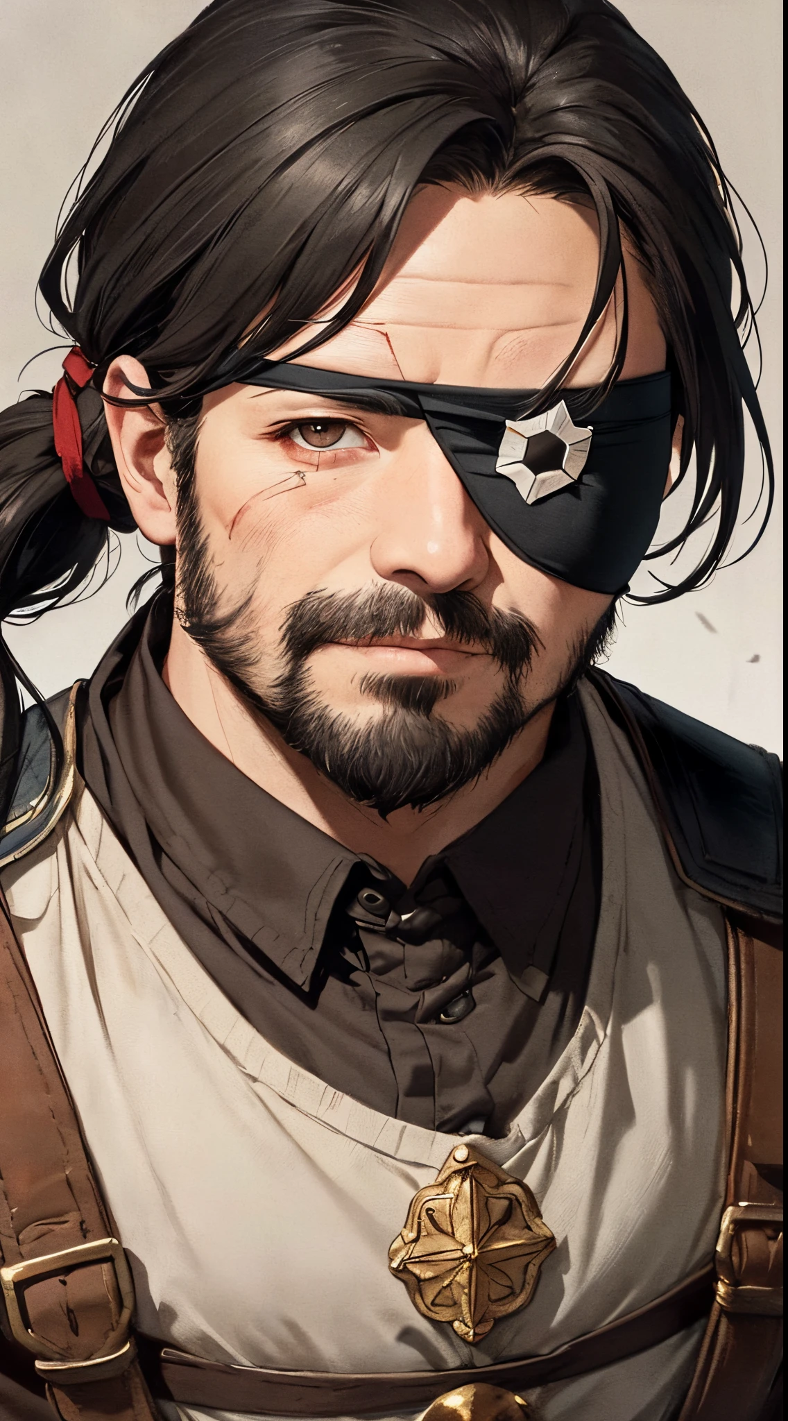 masterpiece, detailed portrait, 1man, old male dwarf man, (black hair), his hair is pulled back in a ponytail, has square face and strong eye, (damaged (left eye)), (wearing an left eye patch:1.35), brown eyes, light-grey skin tone, dressed in the dwarf medieval warrior clothes, lookin to viewer