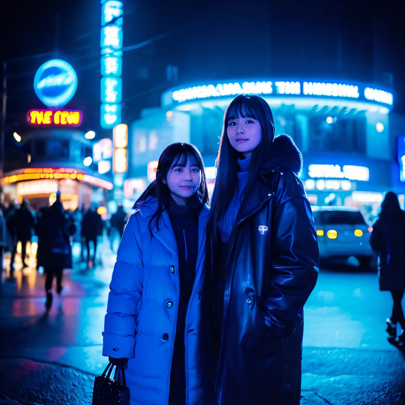 Two girls are standing in front of a blue light, Happy!!!, Dress on the street！Starry sky!!, with glowing blue lights, blue lights, Blue bright dark blue sky, Cold blue light, with neon lights, Blue Neon, Cold blue lighting, blueish, Glowing blue, in Tokyo under, ✨🕌🌙, Starred, (neotokyo), blue lights、disney pixar poster