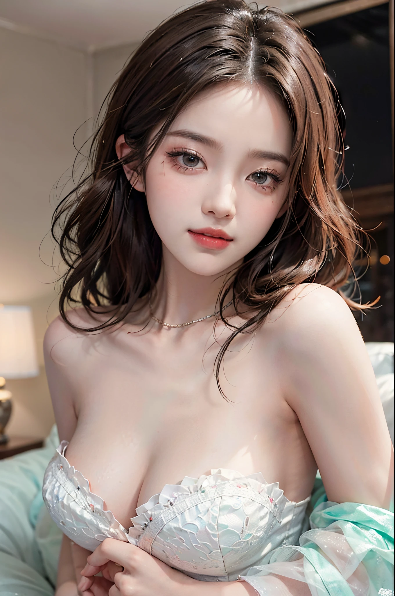 Sweet girl clothes4,strapless dress,jewelry,fashi-girl, liuyifei,tmasterpiece,Best quality at best,offcial art,extremely detaild的 CG unified 8k wallpapers, (HighDynamicRange:1.4), (Cinematic), (pastel colour, dull colors, Soothing tone:1.3), (Natural skin texture, Hyper-realism, softlighting, Sharp),(The is very detailed), profesional lighting, Radio City,((1个Giant Breast Girl,20yr old)), inside bedroom, cold light,Best quality at best, A lot of detail, tmasterpiece, ultra - detailed, illustratio, Extremely delicate and beautiful girl, 美丽细致的眼睛,8K_Wallpapers,Beautiful Meticulous Girl, looking at viewert, messy hair, Large breasts, ((focus on chest)),Recline on the sofa,ssmile,Sweet smile