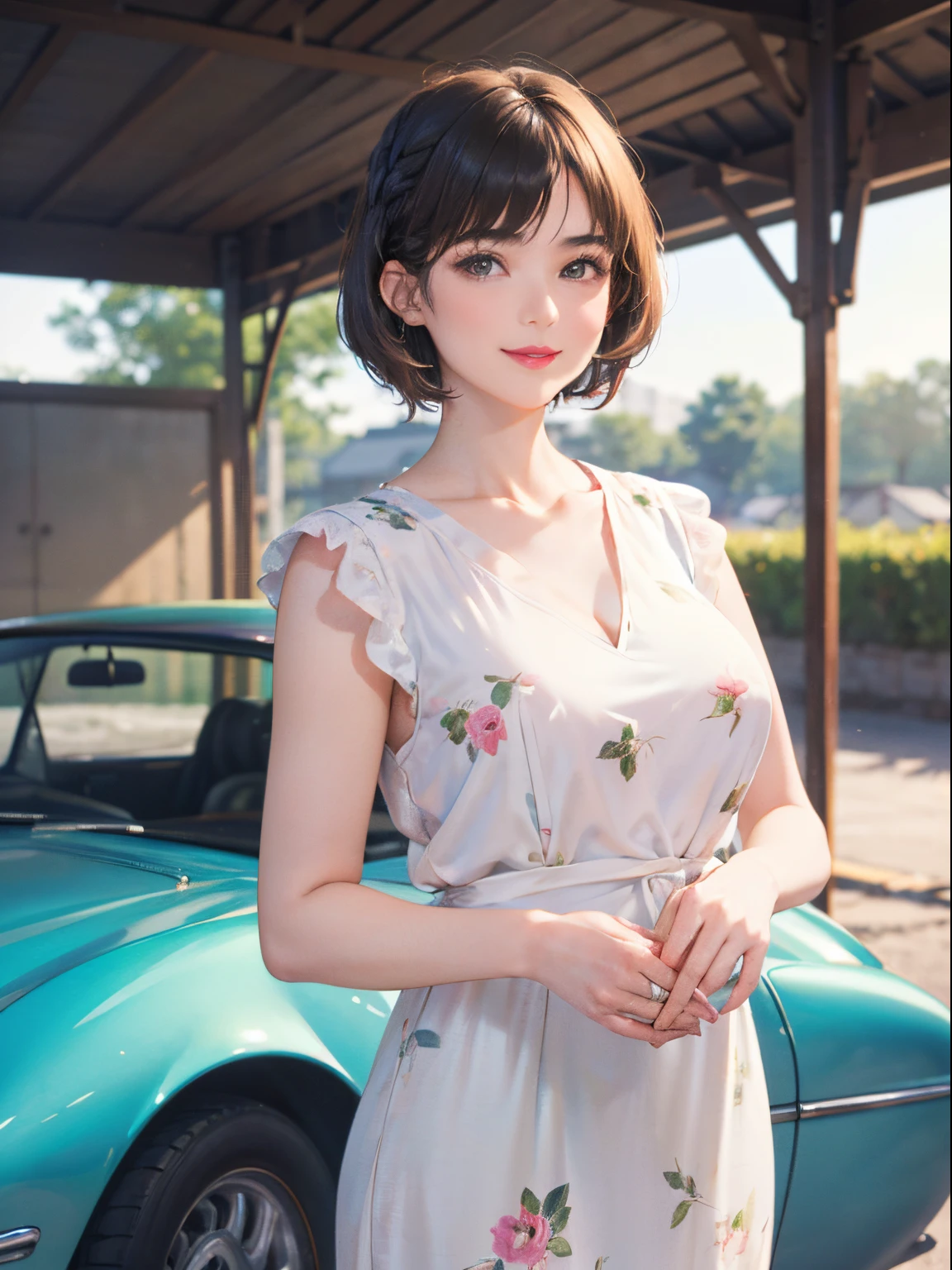 127
(a 20 yo woman,is standing), (A hyper-realistic), (high-level image quality), ((beautiful hairstyle 46)), ((short-hair:1.46)), (Gentle smile), (breasted:1.1), (lipsticks), (florals), (Large garage), (Depth of field is deep), (classic car)