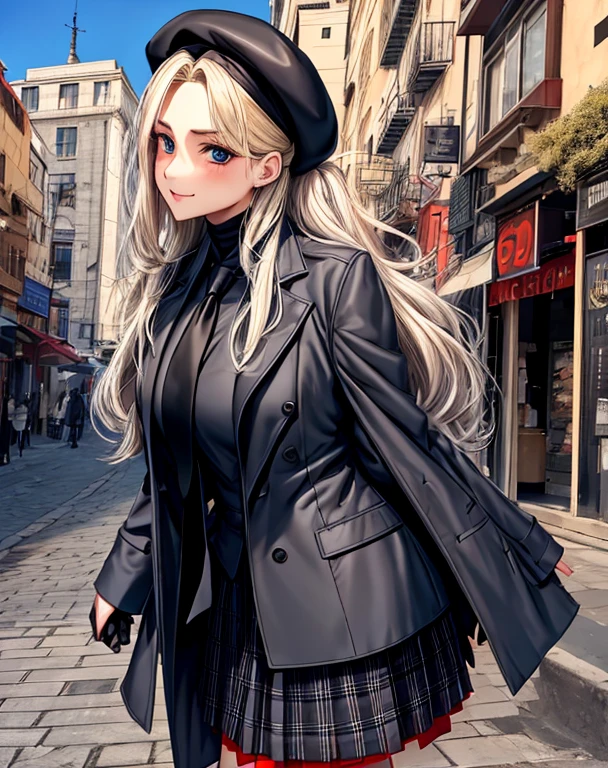 Best quality, (tmasterpiece:1.2), illuminations, 25 age old
(1 busty girl), (Alone), (Beautiful Meticulous Girl), (upper part of body, sporty attire), Blonde hair, Long gray hair, Low hair tied long, shairband, eBlue eyes, Large breasts, with a round face,Clear eye details,Black beret with clear facial details, black necktie, Open gray coat, Gray knee-high boots, plaid skirts, (Red shirt:1.2),
looking at viewert, Happy Middle Eastern town, Middle east, Market B, Cobblestone streets, sky sky, suns, natural stop