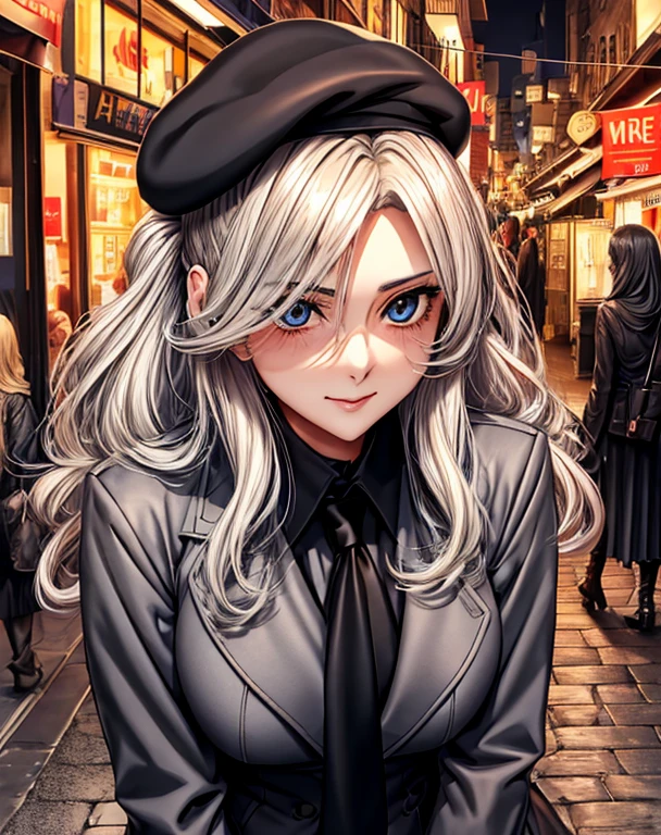 Best quality, (tmasterpiece:1.2), illuminations, 25 age old
(1 busty girl), (Alone), (Beautiful Meticulous Girl), (upper part of body, sporty attire), Blonde hair, Long gray hair, Low hair tied long, shairband, eBlue eyes, Large breasts, with a round face,Clear eye details,Black beret with clear facial details, black necktie, Open gray coat, Gray knee-high boots, plaid skirts, (Red shirt:1.2),
looking at viewert, Happy Middle Eastern town, Middle east, Market B, Cobblestone streets, sky sky, suns, natural stop