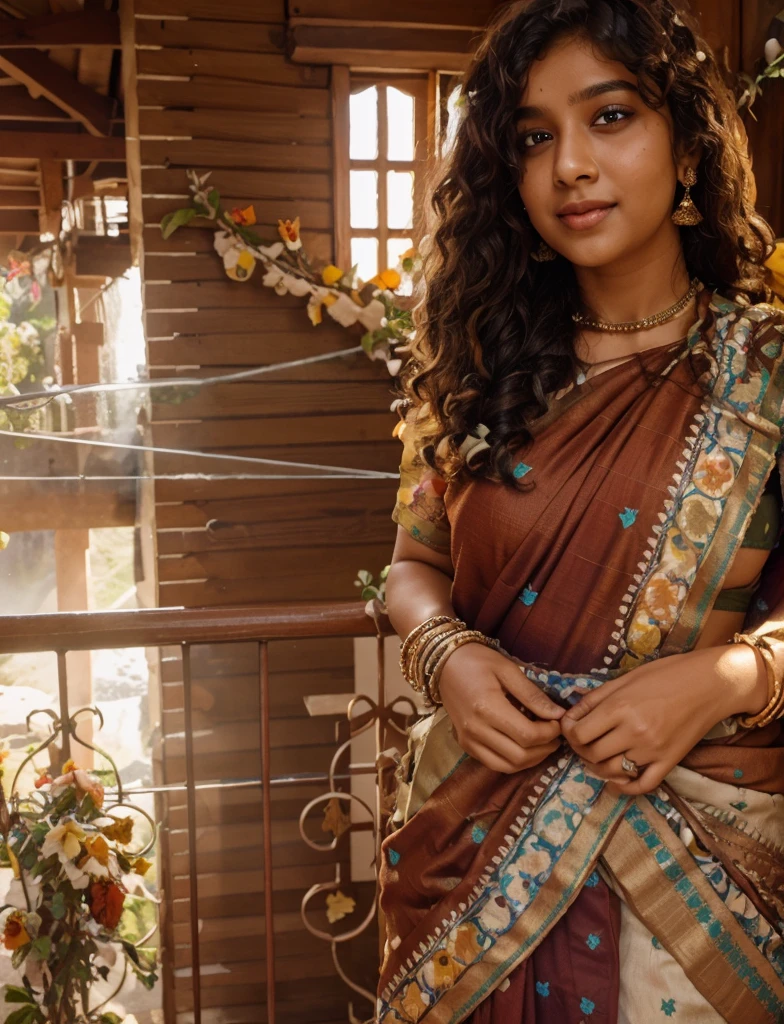 Ultra clarity photo, 20year old indian girl with curly hair and beautiful eyes, cute smile, wearing saree, mountains and a waterfall behind her surrounded with colorful butterflies, unicorn behind her