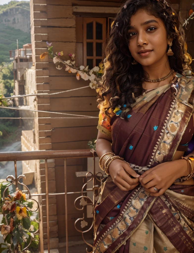 Ultra clarity photo, 20year old indian girl with curly hair and beautiful eyes, cute smile, wearing saree, mountains and a waterfall behind her surrounded with colorful butterflies, unicorn behind her
