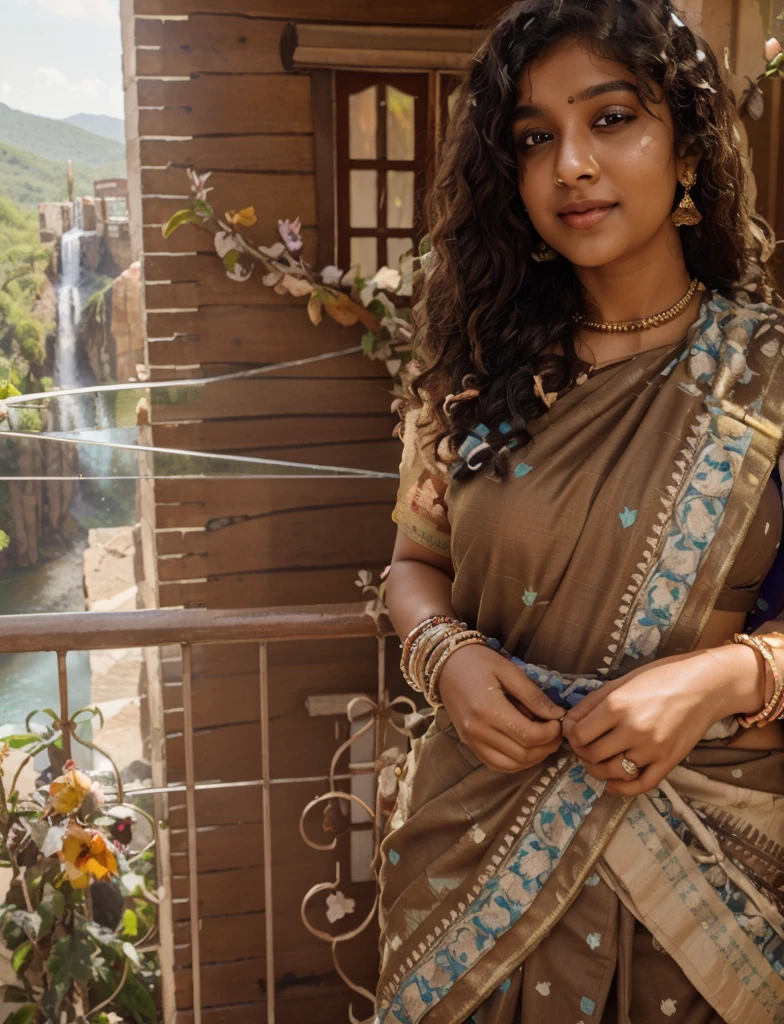 Ultra clarity photo, 20year old indian girl with curly hair and beautiful eyes, cute smile, wearing saree, mountains and a waterfall behind her surrounded with colorful butterflies, unicorn behind her