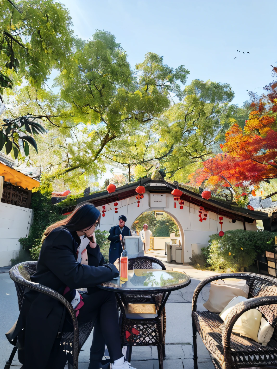 Arav and a woman sit at a table outside in the courtyard, chineseidol, 🤬 🤮 💕 🎀, autumn period, Prime time in Beijing, afternoon time, in the afternoon, sunny day time, Hangzhou, stunning visuals, autumn period, afternoon hangout, sha xi, 💣 💥, 🕹️ 😎 🚬, autumn garden