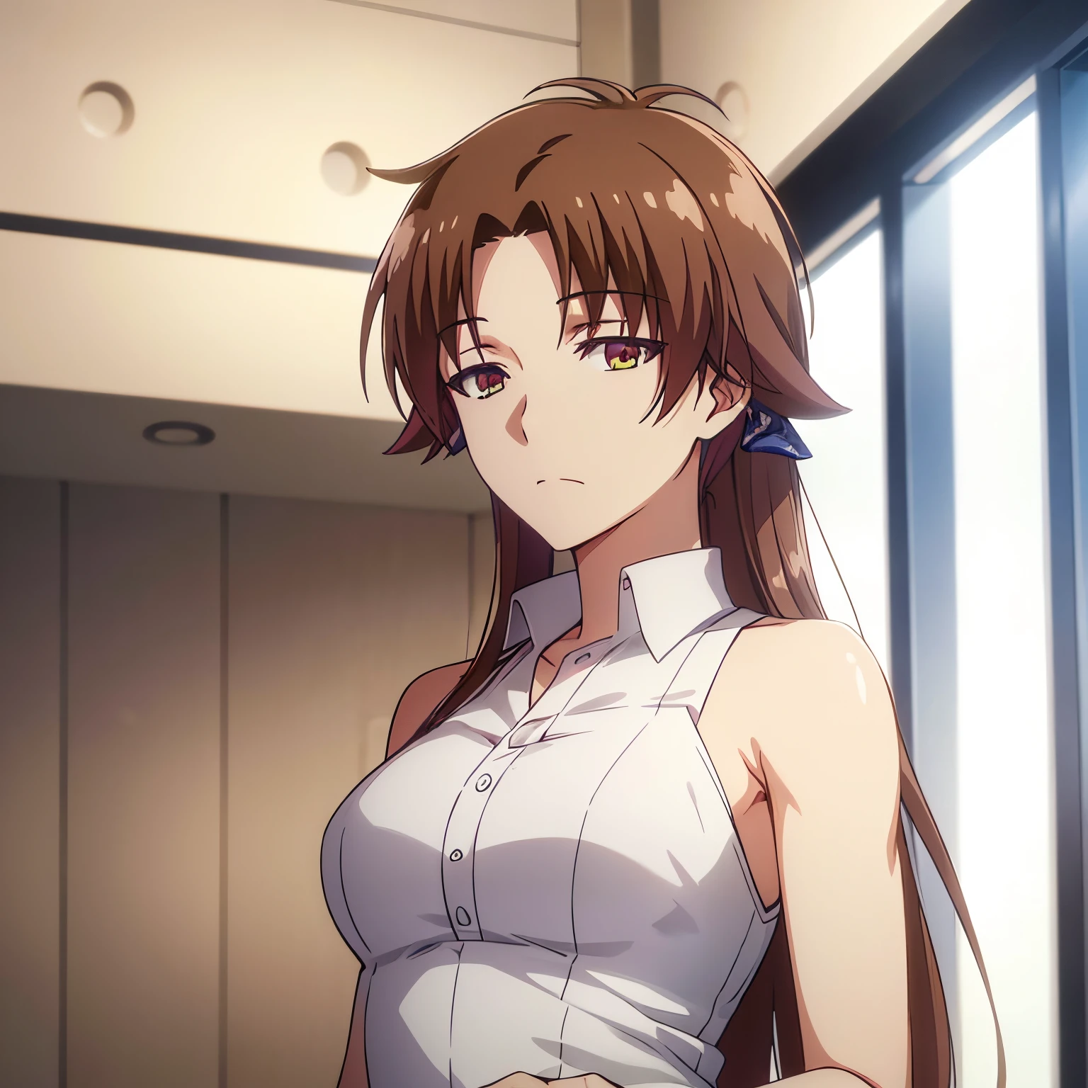 High resolution, high quality, master piece, upper body, long hair, brown hair, center parting, beautiful eyes, Kiyotaka Ayanokouji solo, one beautiful woman,