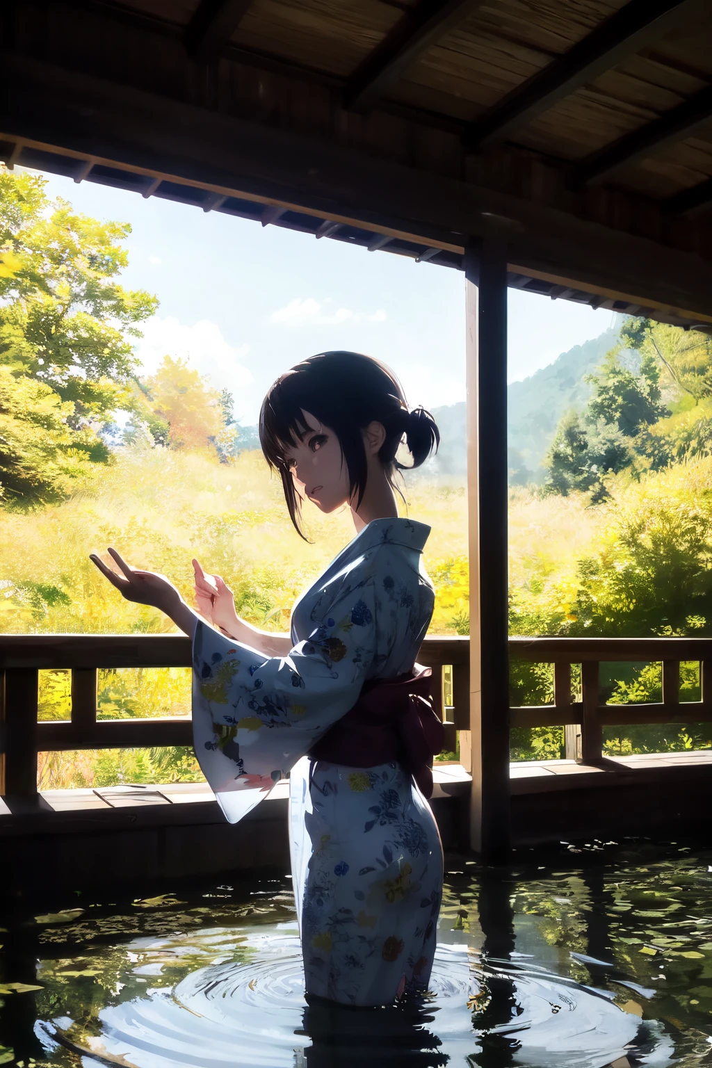 Makoto Shinkai and Ghibli Studio, Rofi, anime girl playing pleasantly in a beautiful stream in a yukata, old folk house, distant eyes, clearly outlined silhouette, sunny, summer, very detailed and incredible quality, trend, masterpiece, 8K high-resolution artwork created at the art station