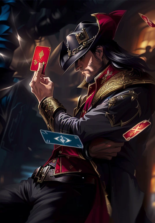 There is a man in a hat and jacket holding cards, Fantasy card game art, Card game illustration, epic fantasy card game art, wlop and artgerm, collectible card art, Artem and Ilya Kushnov, Murata and artgerm series, Very detailed ArtGerm, Sakimichan Frank Franzetta,League of Legends Card Master,