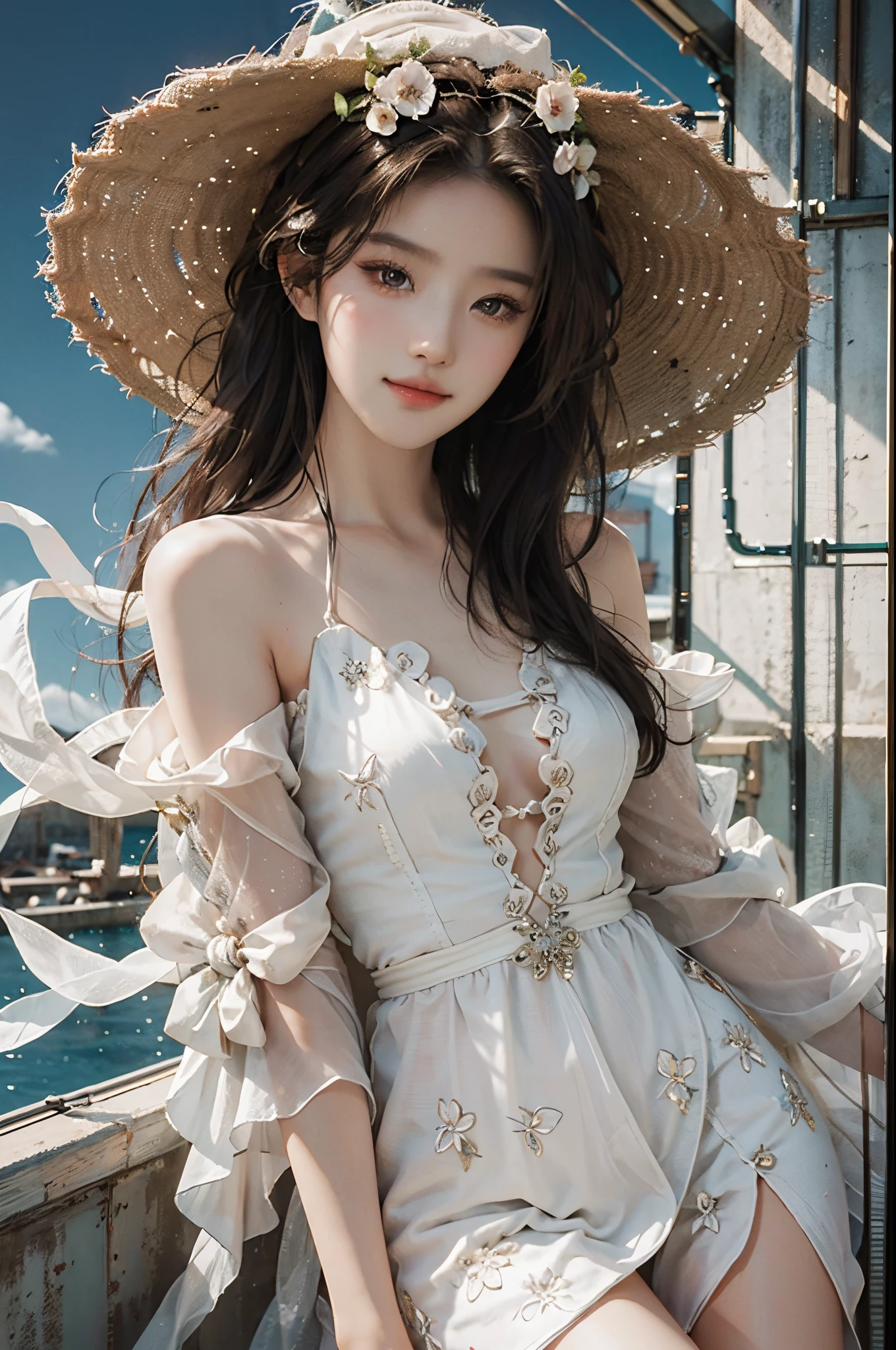 dress,fashi-girl, liuyifei, ((cowboy shot)), (best quality, masterpiece:1.2), ultra-detailed, (realistic:1.37), beautiful, youthful, glamorous model with (detailed eyes, detailed lips, extremely detailed eyes), in a knee shot, with white and floral colors, showcasing a radiant smile, slender figure, long legs, creating a breathtaking depiction of a girl enjoying the sunshine, On the bow, leaning against the guardrail, looking into the distance
