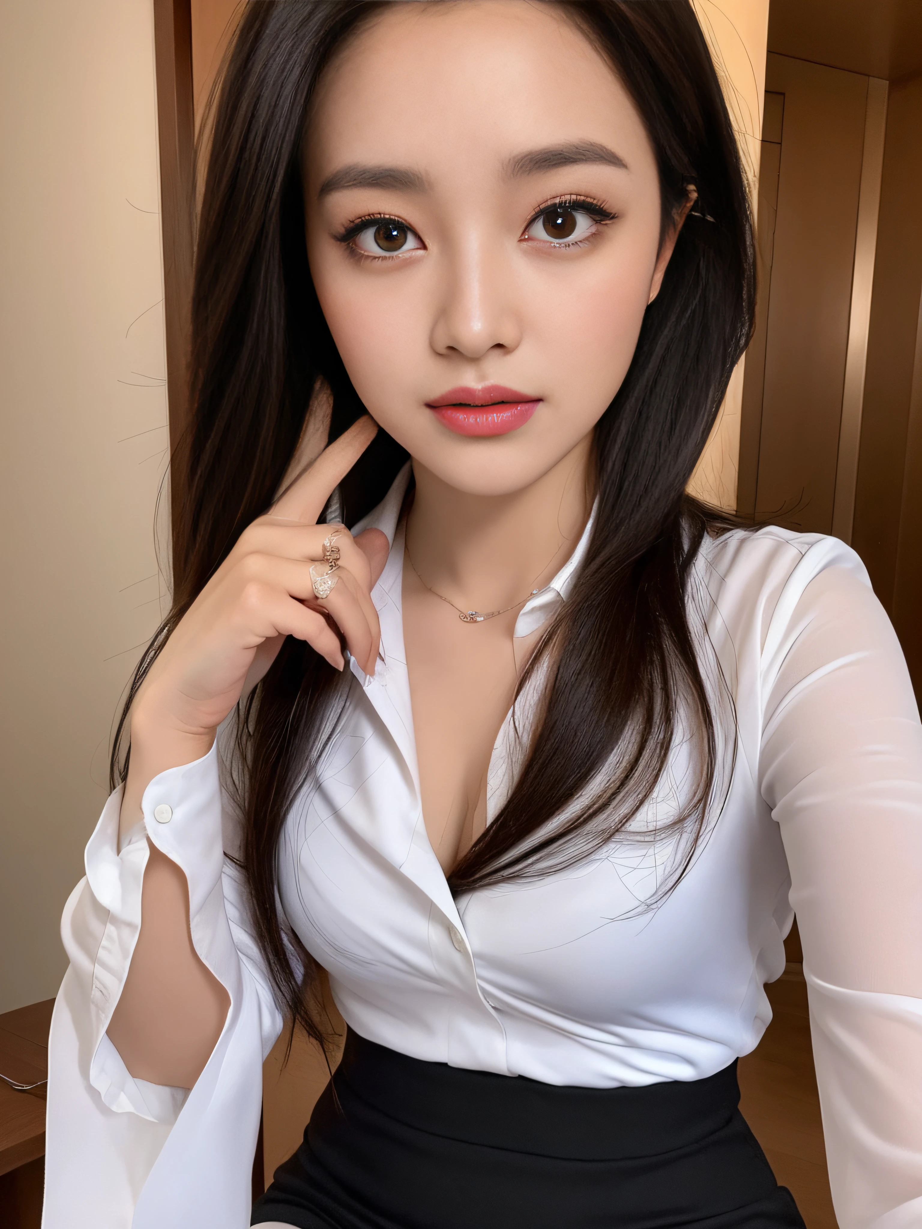 (Best quality at best, 8K, tmasterpiece, hyper HD: 1.3), (K-pop idol: 1.6), 1 Pretty girl, (bigger: 1.2), (long whitr hair), Abs, perfect bodies, Ultra-fine face, delicate lips, pretty eyes, 二重まぶた, Hands are very thin, Ultra-thin fingers, jumpsuit transparent, white tight shirt, short skirt (sweltering) ((kindle: 1.5)), Detailed pubic hair , Cardigan , Luxury hotel 5 star,