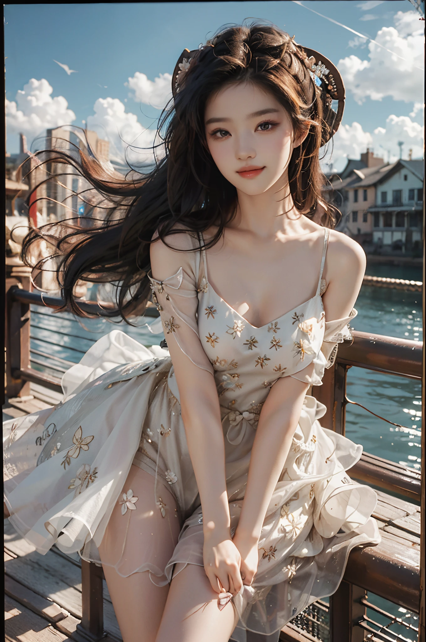 dress,fashi-girl, liuyifei, ((cowboy shot)), (best quality, masterpiece:1.2), ultra-detailed, (realistic:1.37), beautiful, youthful, glamorous model with (detailed eyes, detailed lips, extremely detailed eyes),   in a knee shot, with white and floral colors, showcasing a radiant smile, slender figure, long legs, creating a breathtaking depiction of a girl enjoying the sunshine, On the bow, leaning against the guardrail, looking into the distance