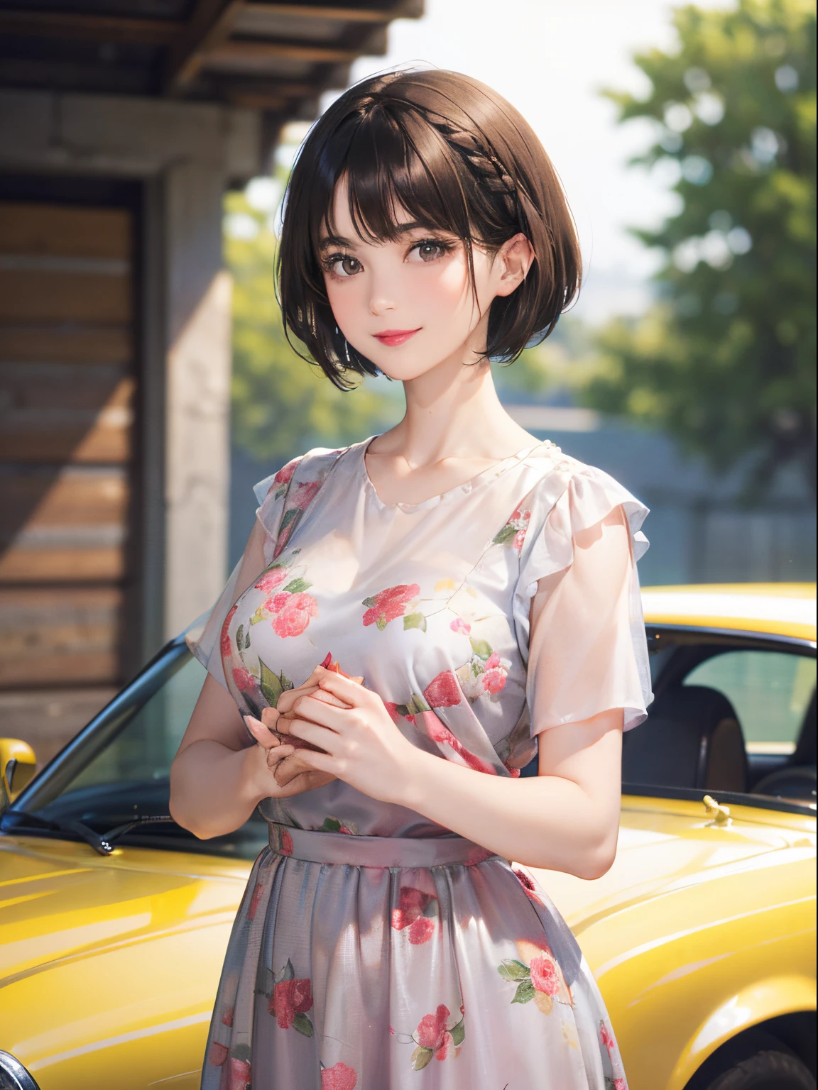 127
(a 20 yo woman,is standing), (A hyper-realistic), (high-level image quality), ((beautiful hairstyle 46)), ((short-hair:1.46)), (Gentle smile), (breasted:1.1), (lipsticks), (florals), (Large garage), (Depth of field is deep), (classic car)
