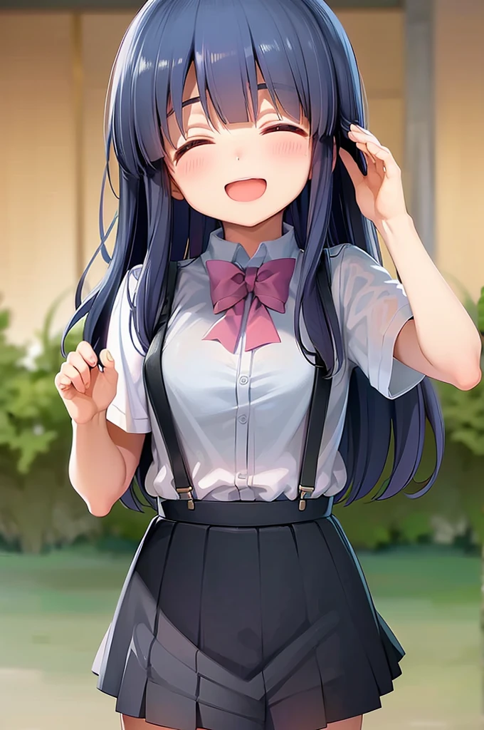 ((****)), middle hair, navy hair, dark blue hair, round eyes, ((closed eyes)), tareme, 1 girl, smile, (blush), open mouth, medium breasts, ((petite)),［pale skin］(suspender skirt), miniskirt, t-shirt, ribbon choker, ((waving)), ((full body)), sunny, countryside, rural