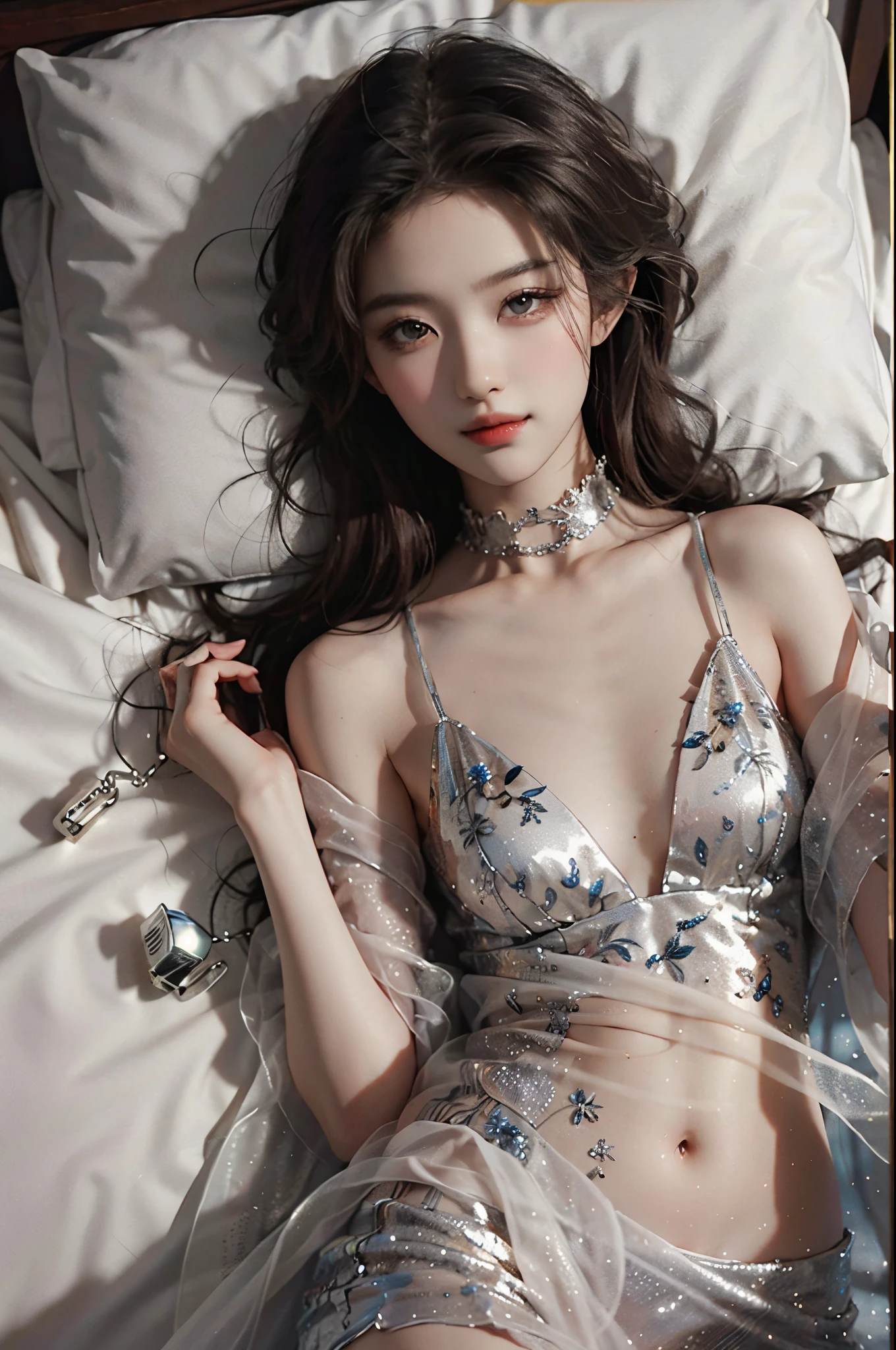 dress,fashi-girl, liuyifei, ((cowboy shot)), (best quality, masterpiece:1.2), ultra-detailed, (realistic:1.37), beautiful, youthful, glamorous model with (detailed eyes, detailed lips, extremely detailed eyes), Lie in bed, in a knee shot, with white and floral colors, showcasing a radiant smile, slender figure, long legs, creating a breathtaking depiction of a girl enjoying the sleep