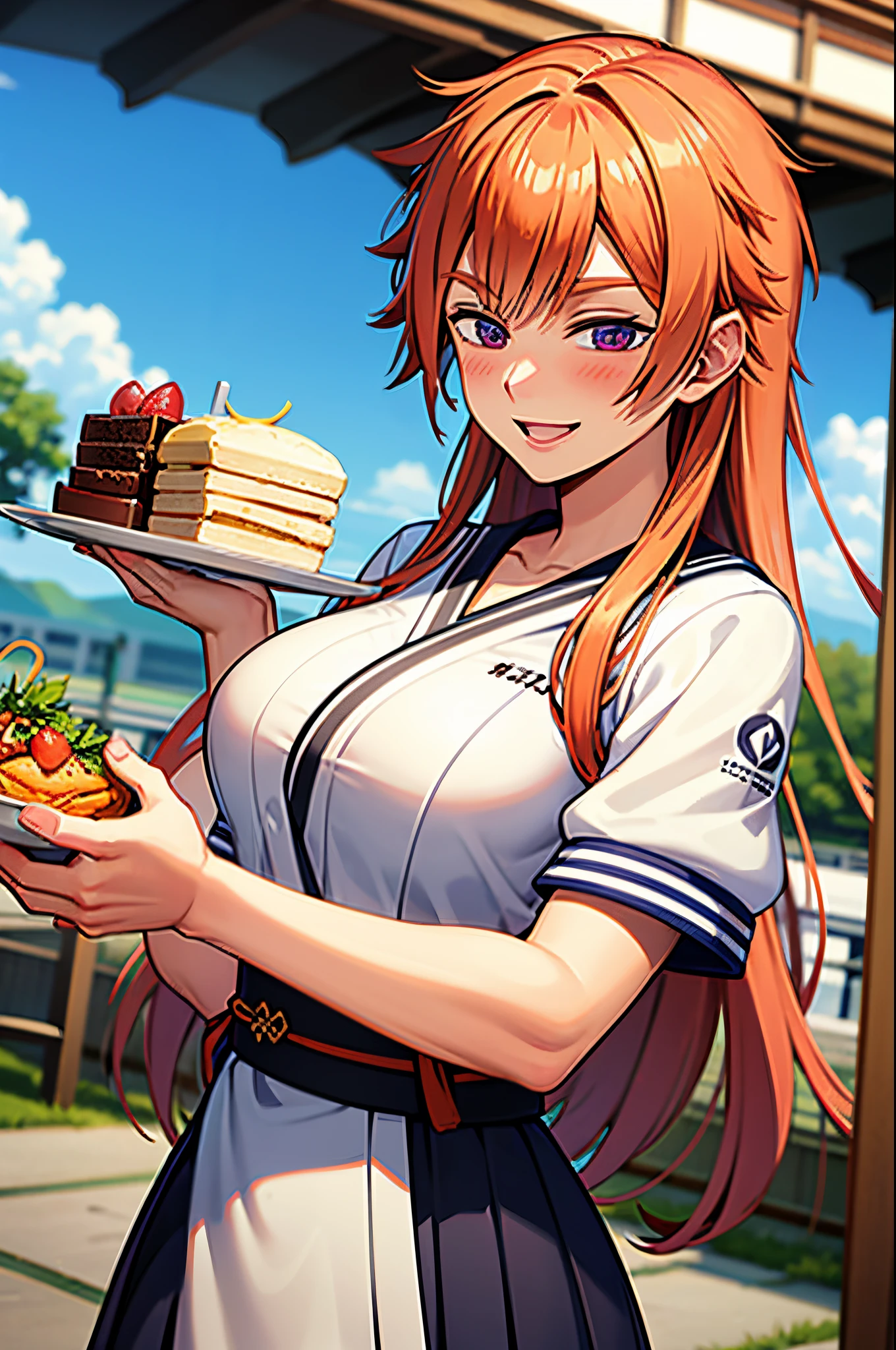 rule63, genderbend, japanese schoolgirl uniform, restaurant, happy, winking, big boobs, long hair, blushing cheeks, smiling,