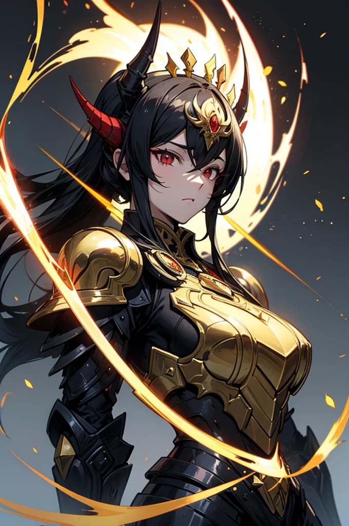 19-year-old demon, pelis negra, armadura roja, ojos rojos, alas grandes, armada con dos dagas rojas, grandes cuernos negros, rostro enfurecido, pose de pelea