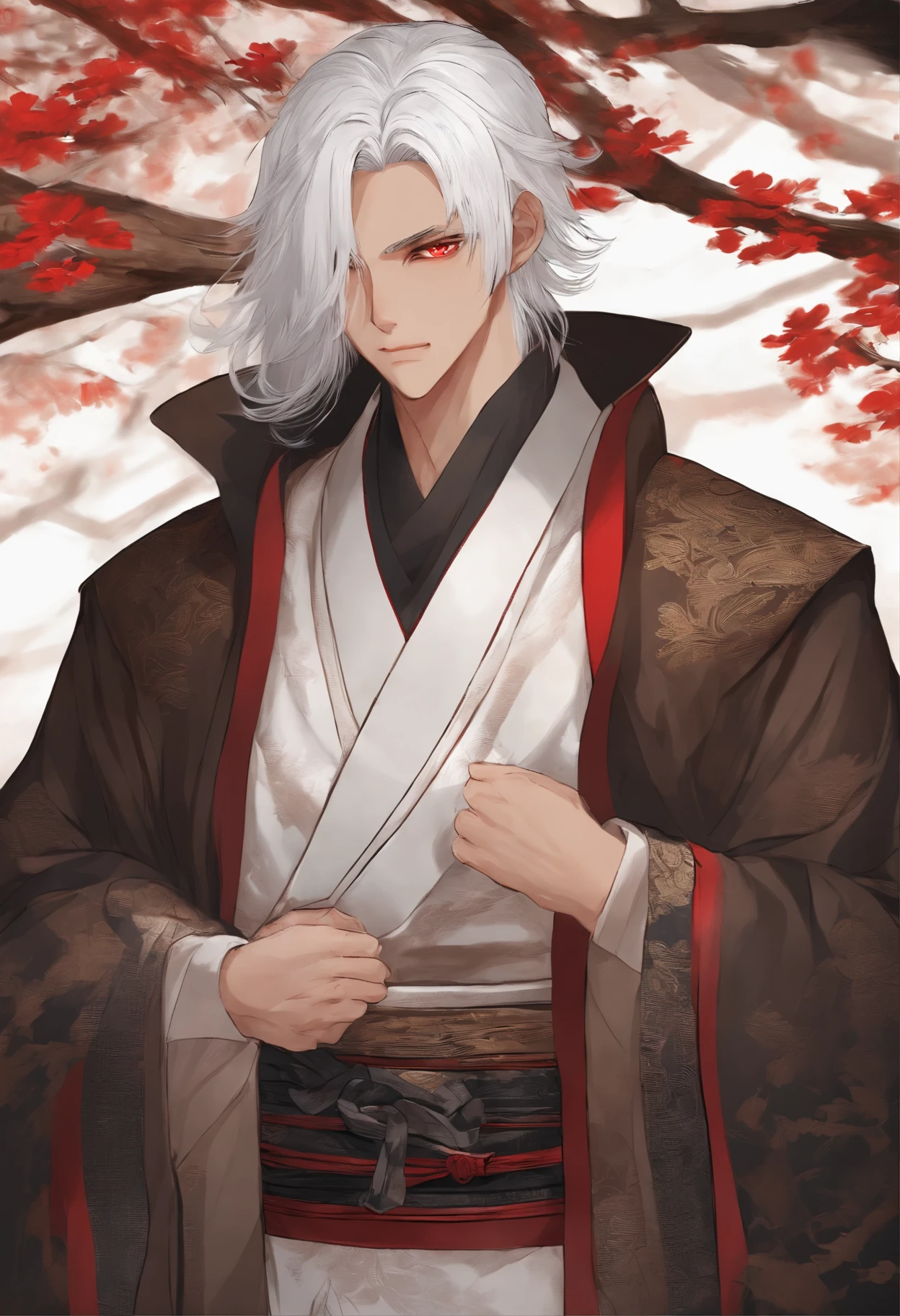 Beautiful boy with white hair and red eyes，quadratic element，japanese manga，Brown skin