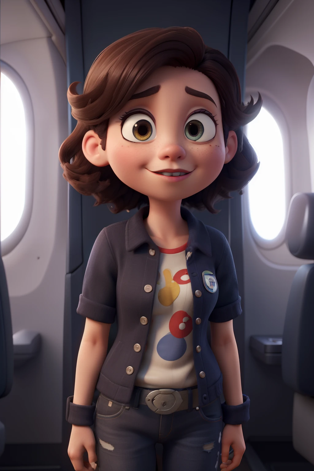 Personagem 3D, uma mulher muito alta vestindo um traje de viajante, fisiculturista, cabelo preto cacheado, olhos castanhos, bonito grandes olhos circulares reflexivos, camiseta preta com estampa de aviao, (cinematic composition), (Estilo Pixar:1.2), (cgi animation: 1.2), (Disney: 1.2), (Cartoon: 0.2), (best quality, master part, 4k, ultra detalhado, foco nítido, 8k, High definition:1.2), (por Danny Mac 3D, por Follygon), (master part: 1.2), absurdos