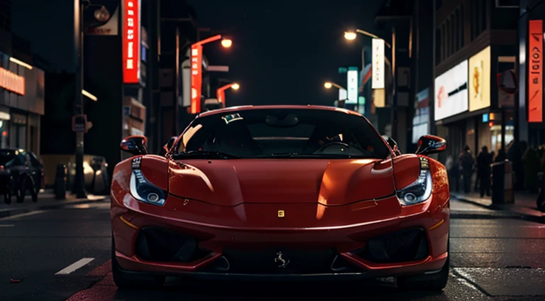 1Ferrari, in rot, in der Nacht, in einer Cyberpunk Stadt, mit blauer und lila Beleuchtung