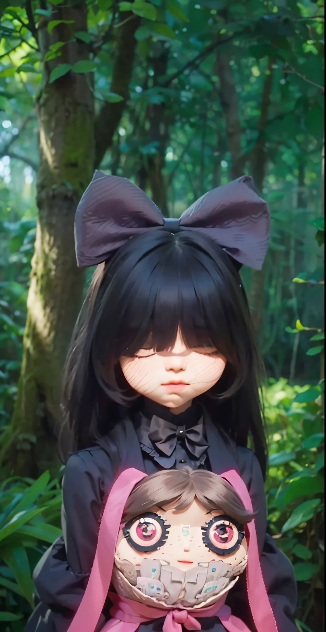 Real life adaption of this character , teen beautyfull girl face, same hair covered her eyes, realistic same A big bow in her hair ,The same ribbon on the collar , holding same realistic doll,(realistic same outfit),realistic jungle background , realistic light, realistic shadow, realism, hyper realistic,(photorealistic:1.2), normal small eyes