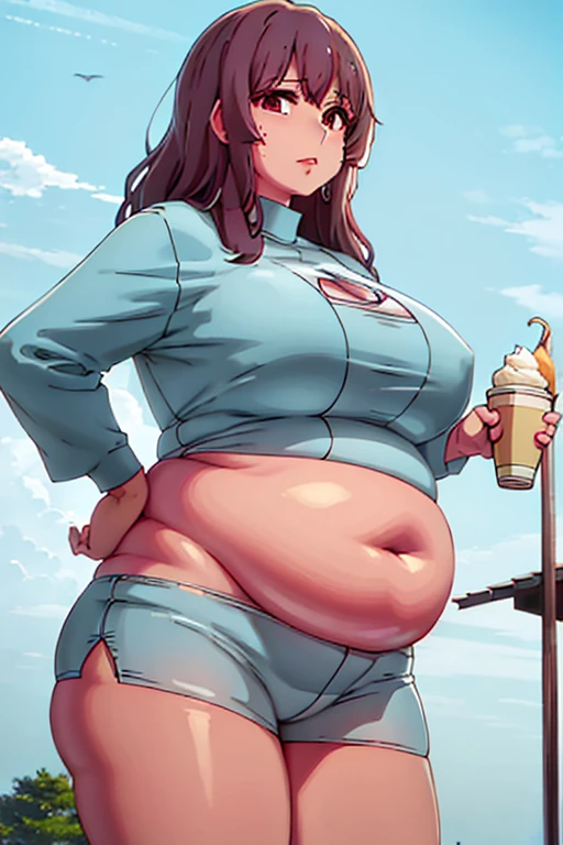 miyako Saitou, very fat, safe for work, fat, large belly, standing, grabbing belly, very fat, large stomach, chubby (best quality, masterpiece), holding ice cream