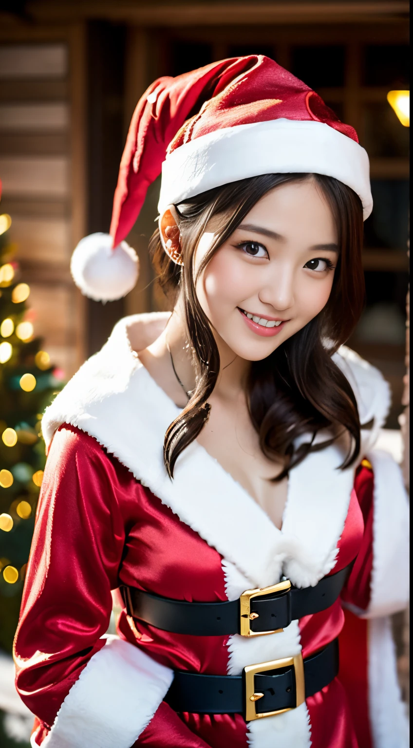 tre anatomically correct,Masterpiece of,High image quality,(Cute Santa Claus costumes:1.5),(The material of the costume is fine silk:1.4),20 years old, Japan Female, (Random posture:1.4),Professional Lighting,((Japan hair)),((Natural smile)),The ultra-detailliert、High quality textures、intricate detailes、detaileds、Very detailed CG、High quality shadows、Detail Beautiful delicate face、Detail Beautiful delicate eyes、depth of fields、Ray traching,1girl in, japanaese girl, Fashion Model, slender,Warm atmosphere,Outdoors with a Christmas atmosphere、a smile