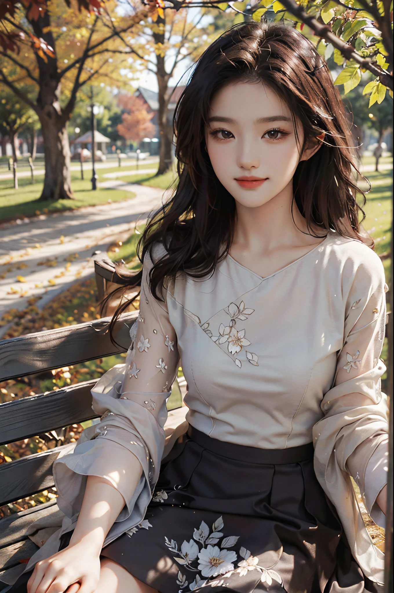 A close up of a woman sitting on a bench in a park - SeaArt AI