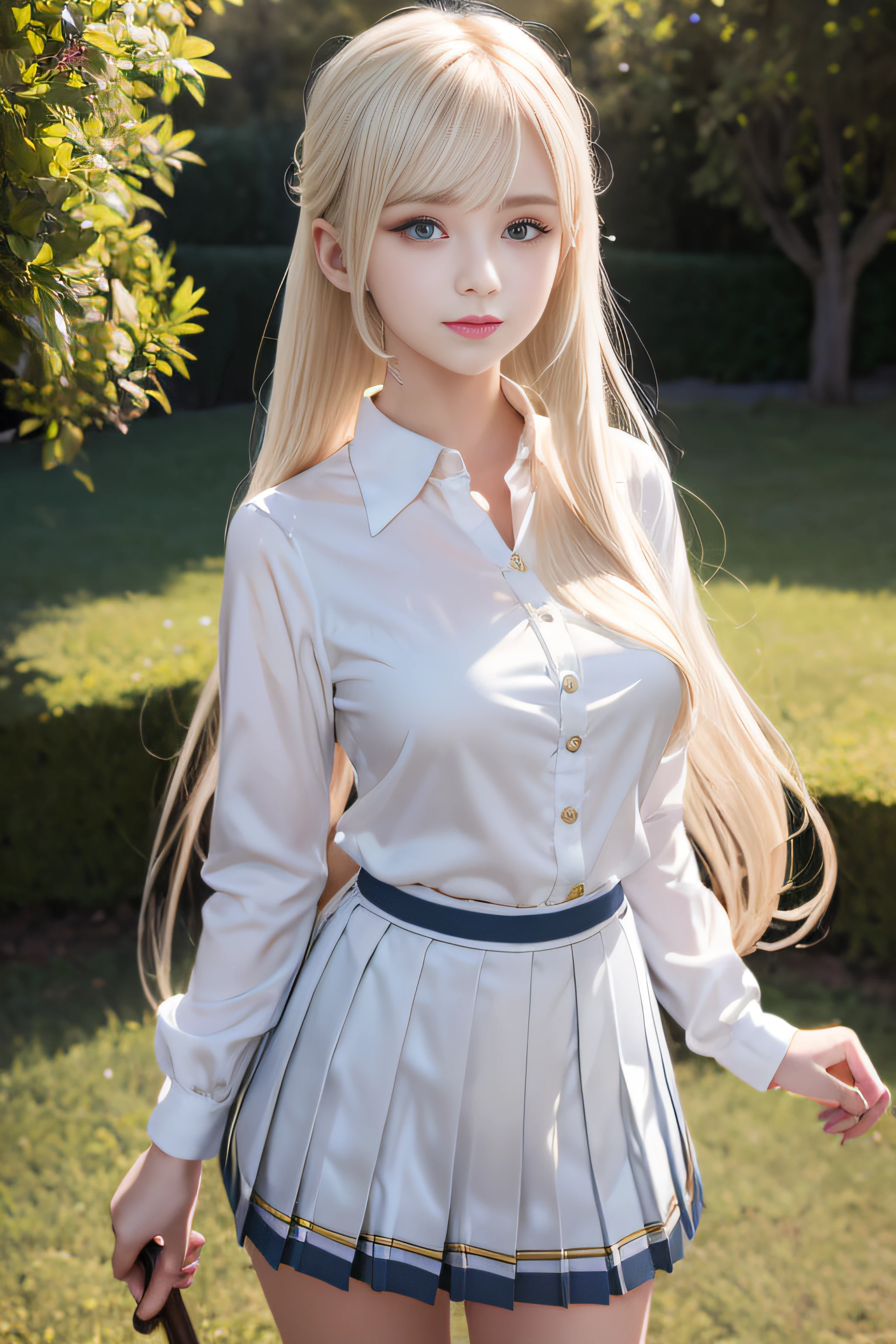 bright expression、pony tails、Young and shiny fair skin、Best looking、Blonde hair reflects light、Platinum blonde hair,Exuding dazzling highlights、Shiny light hair,、Extra long silky straight hair、Beautiful bangs that shine、Glowing, crystal clear and charming big blue eyes、Very nice and lovely girl、plump bust,美丽细致的眼睛, beautiful detailed nose,(( full bodyesbian:1.25)),Makeup that emphasizes the eyes、((Multipleated pleated skirt)),(A woman like Joan of Arc)、armure、cavalier, with sword and shield,Royal style,Manhwa Style, , sub surface scattering, ornate detail, nature backdrop, hyper realisitc, Cinematic, dramatic lights, On the table