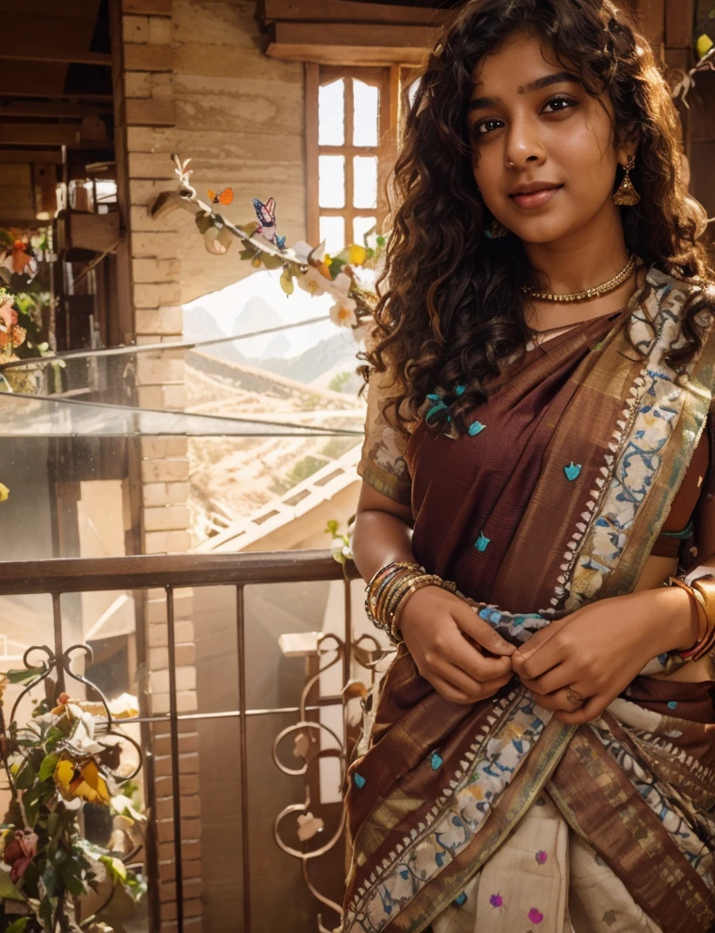 Ultra clarity photo, 18year old indian girl with curly hair and beautiful eyes, cute smile, wearing saree, mountains and a waterfall behind her surrounded with colorful butterflies, unicorn behind her