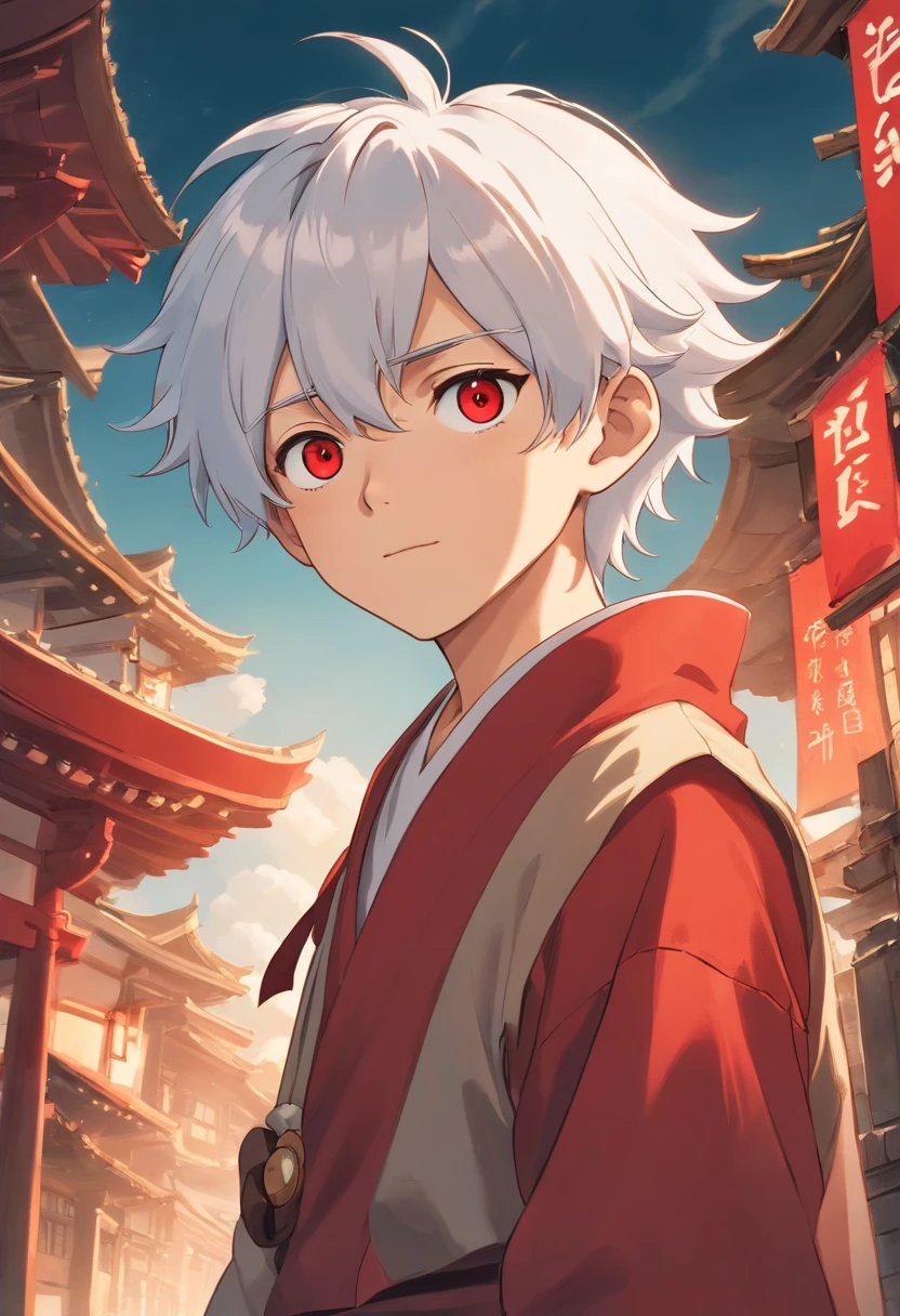 Beautiful boy with white hair and red eyes，quadratic element，japanese manga，bronze skin，Handsome and handsome