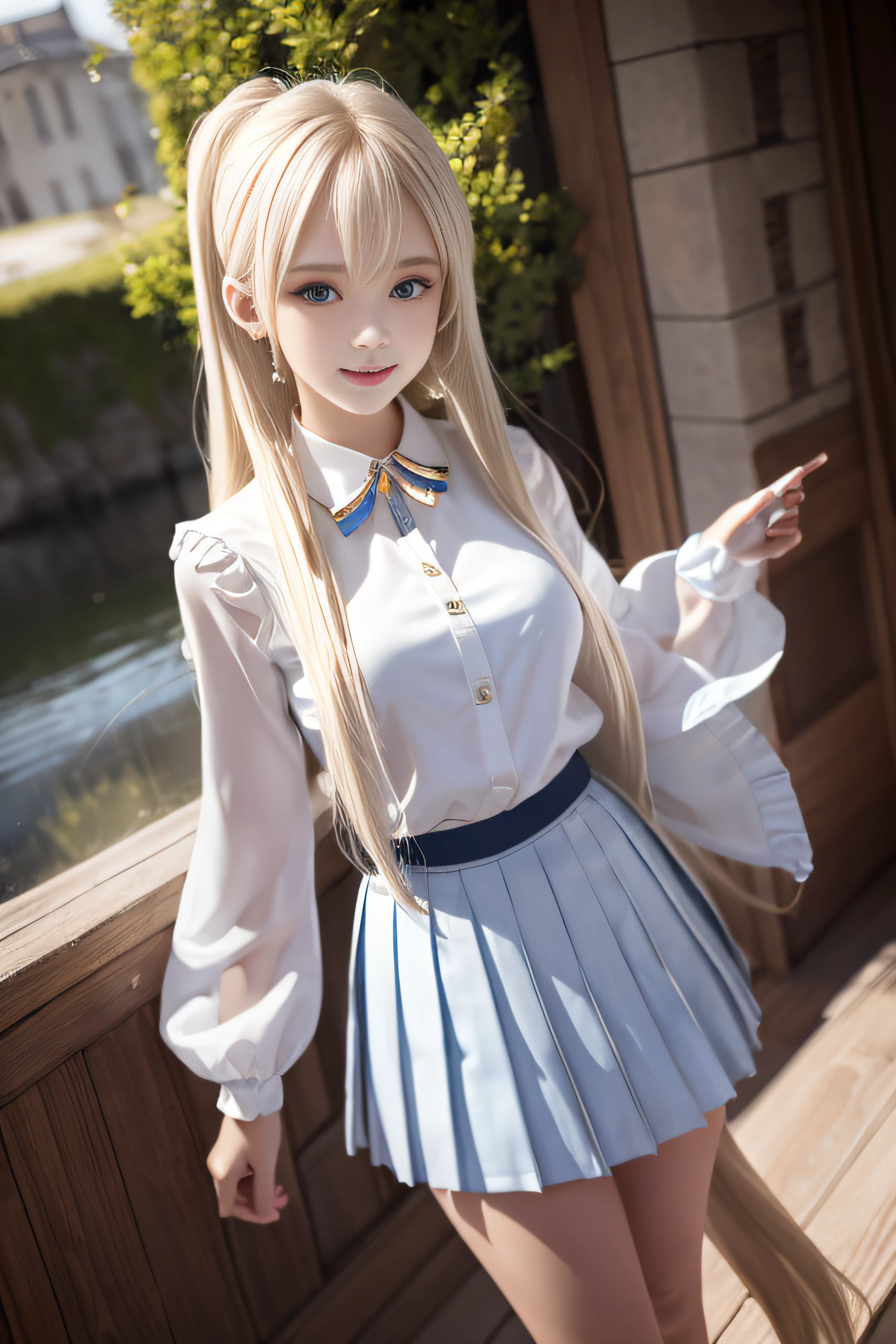 bright expression、pony tails、Young and shiny fair skin、Best looking、Blonde hair reflects light、Platinum blonde hair,Exuding dazzling highlights、Shiny light hair,、Extra long silky straight hair、Beautiful bangs that shine、Glowing, crystal clear and charming big blue eyes、Very nice and lovely 16 year old girl、plump bust,美丽细致的眼睛, beautiful detailed nose,(( full bodyesbian:1.25)),Makeup that emphasizes the eyes、((Multipleated pleated skirt)),(A woman like Joan of Arc)、armure、cavalier, with sword and shield,Royal style,Manhwa Style, , sub surface scattering, ornate detail, nature backdrop, hyper realisitc, Cinematic, dramatic lights, On the table