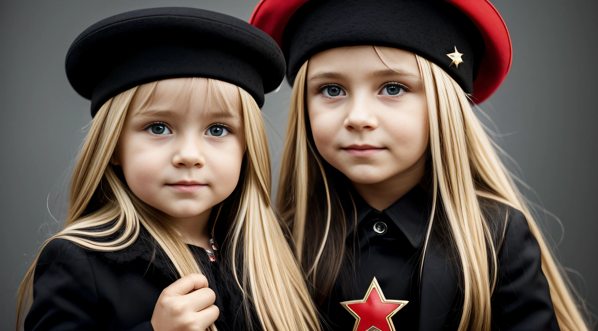 a close-up of a blonde child with long hair and a black hat with a star, URSS, boina preta com uma estrela vermelha, Russo, Russia, kalap, eslavo, boina preta, 1972 soviético, CCCP, plush