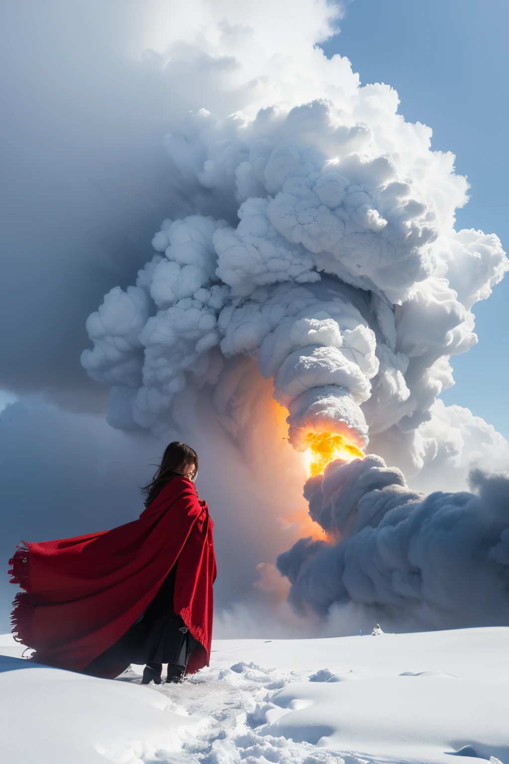 Cloak made of exploding snow clouds, girl， author：Mark Mann, Volop, albrecht durer, Volop, soft wet color, intricately details, Amazing, firey, smokes, The beautiful, Cloudy, Fluffy, static charge, Snowy Land, An artistic masterpiece by the head of real-time engineering