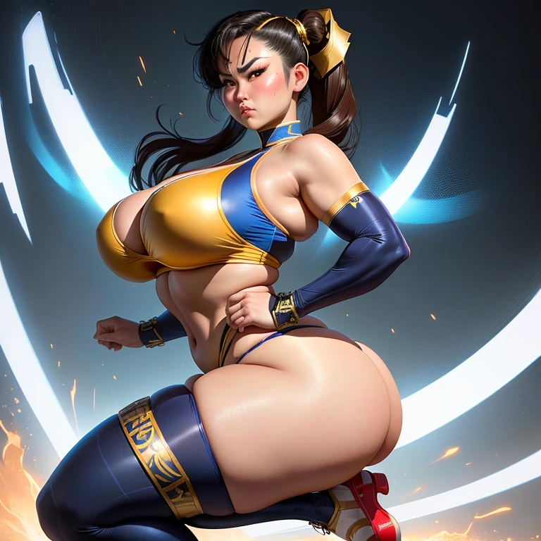 Squatting Chun li, Thick thighs, big butt, Voluptuous breasts, Massive breasts, Massive thighs, Massive ass, sad eyebrows, Sad eyes, Frown, blushing, High leg Bikini, puffy vagina, Leg-Squeezing thigh highs, chubby