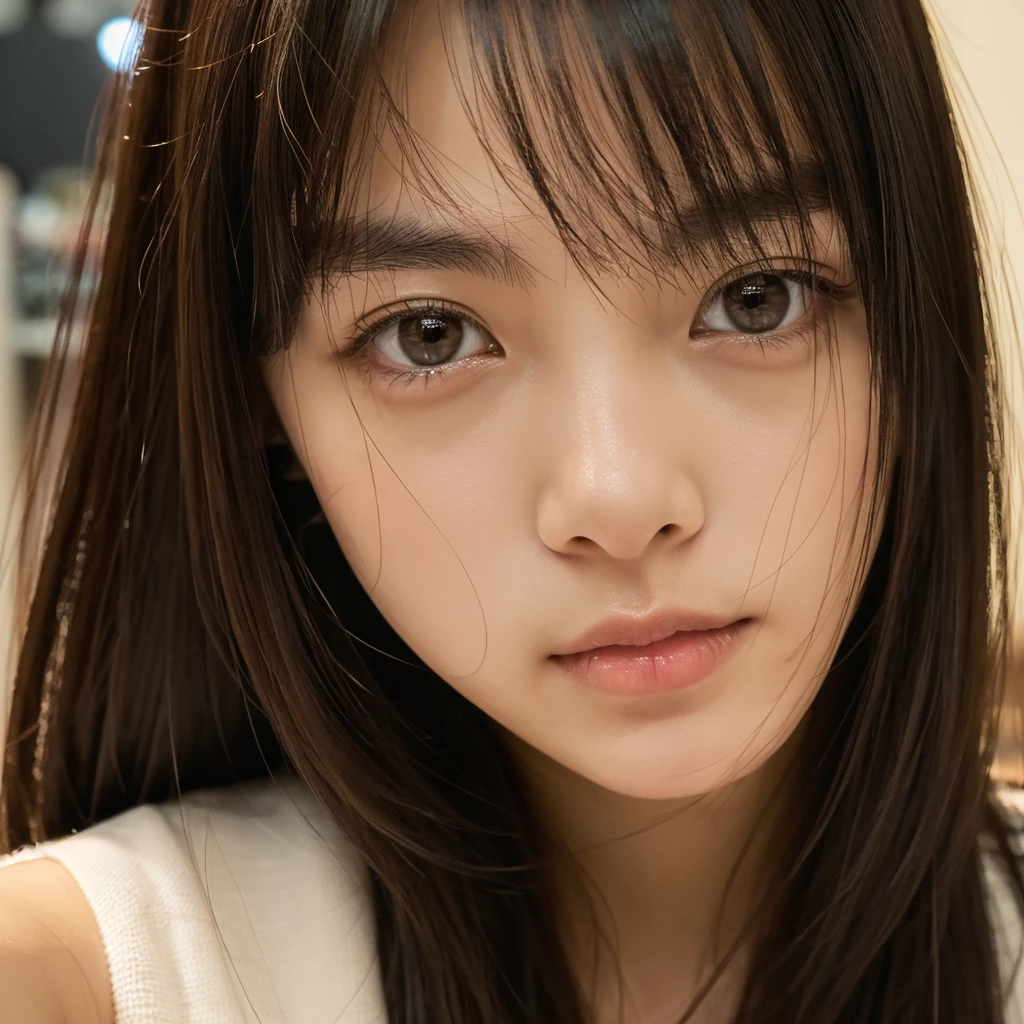 best quality, face focus, soft light, ultra high res, (photorealistic:1.4), RAW photo,
1japanese girl, solo, cute, (pupil, lights in the eyes),  detailed beautiful face, (),(high resolution detail of human skin texture),
(long hair),
close up on face, portrait, face, facing camera, not tilted, head not tilted, looking at camera, fully visible face
, charcoal vest, skirt,