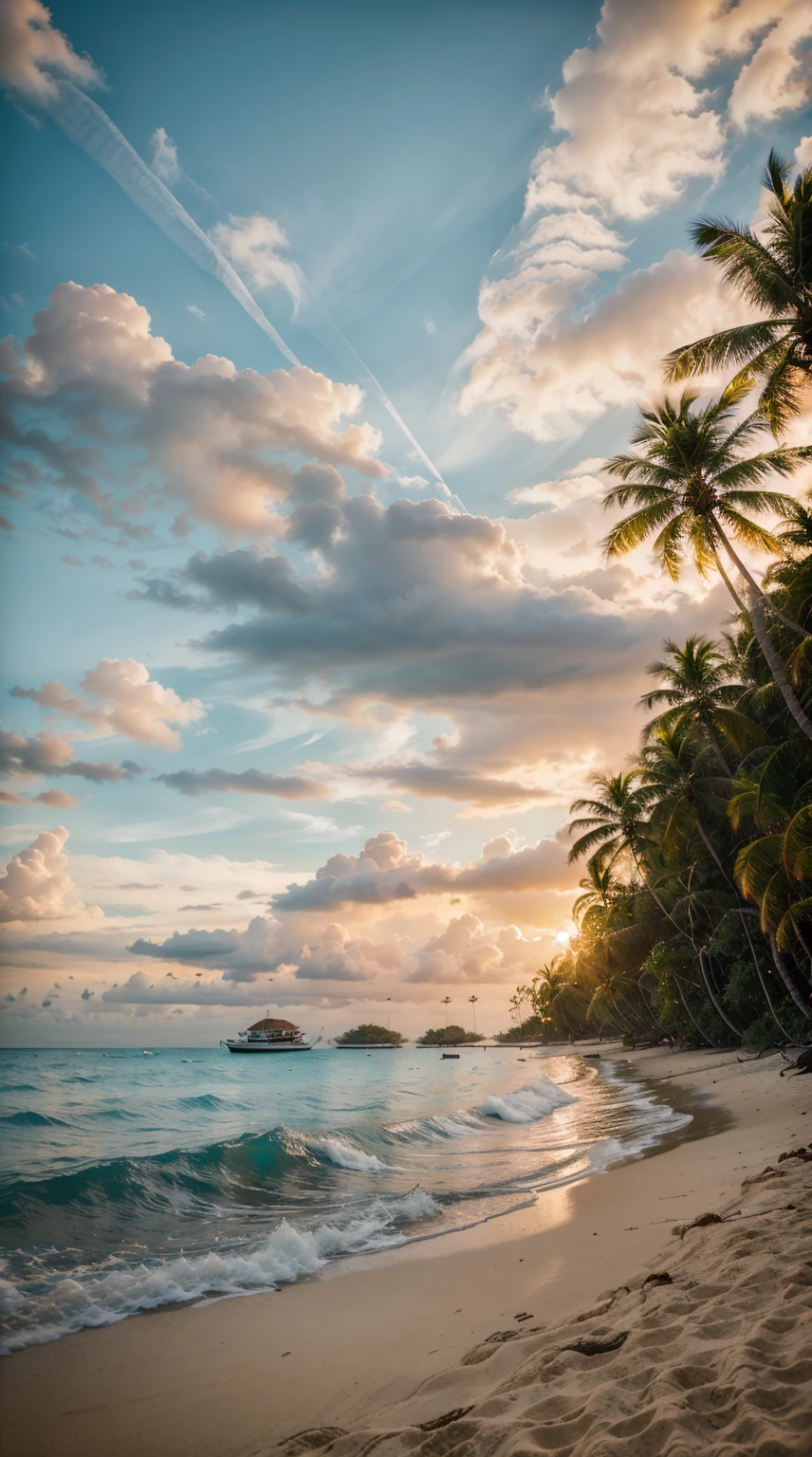 8K, Best quality at best, hyper-detailing, Indonesia, beautiful tropical beach, crystal clear turquoise water, white beaches, palm trees swaying in the breeze, A vibrant coral reef, Colorful tropical fish, amazing sunset.