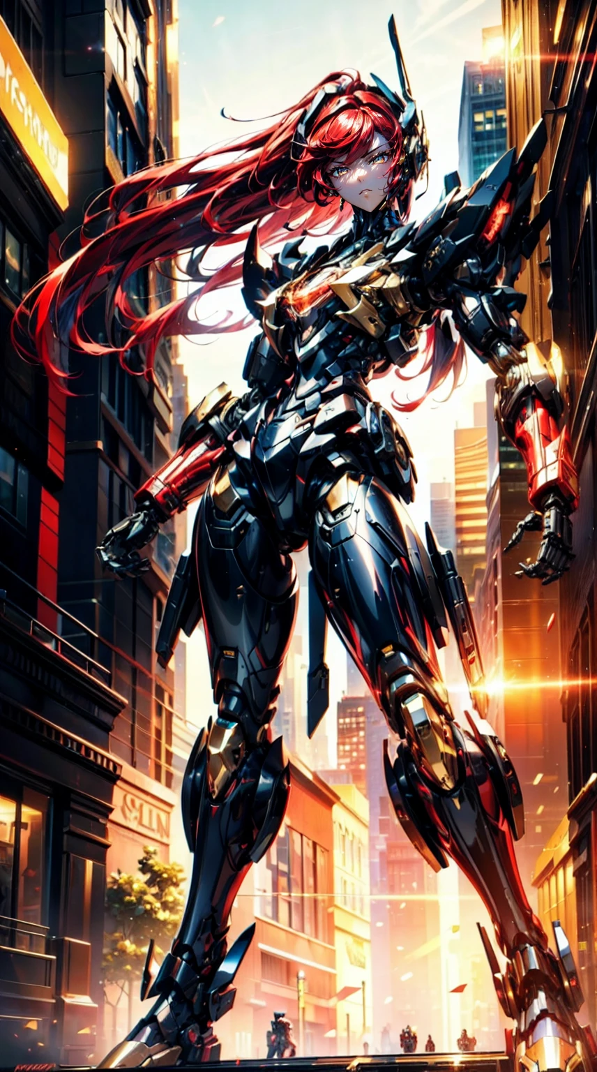 Best quality, tmasterpiece, A high resolution,（Beautiful mechanical girl：1.9），（（（（There was only one teenage girl）））），Black mechanical body，black mechanical legs，Slender and shapely legs，Black mechanical arms，Perfect mechanical characterization，Perfect mechanical details，Beautiful mechanical body，Beautiful mechanical legs，Beautiful mechanical arms，red tinted hair，（（（（Hair to shoulders）））），gold eyes，mature，Raised sexy，ellegance，Just the right lighting，Bustling city，urban backdrop，natta，beautiful light up，Paintings with human subjects，8K，cyber punk perssonage，sci-fy，Futuristic