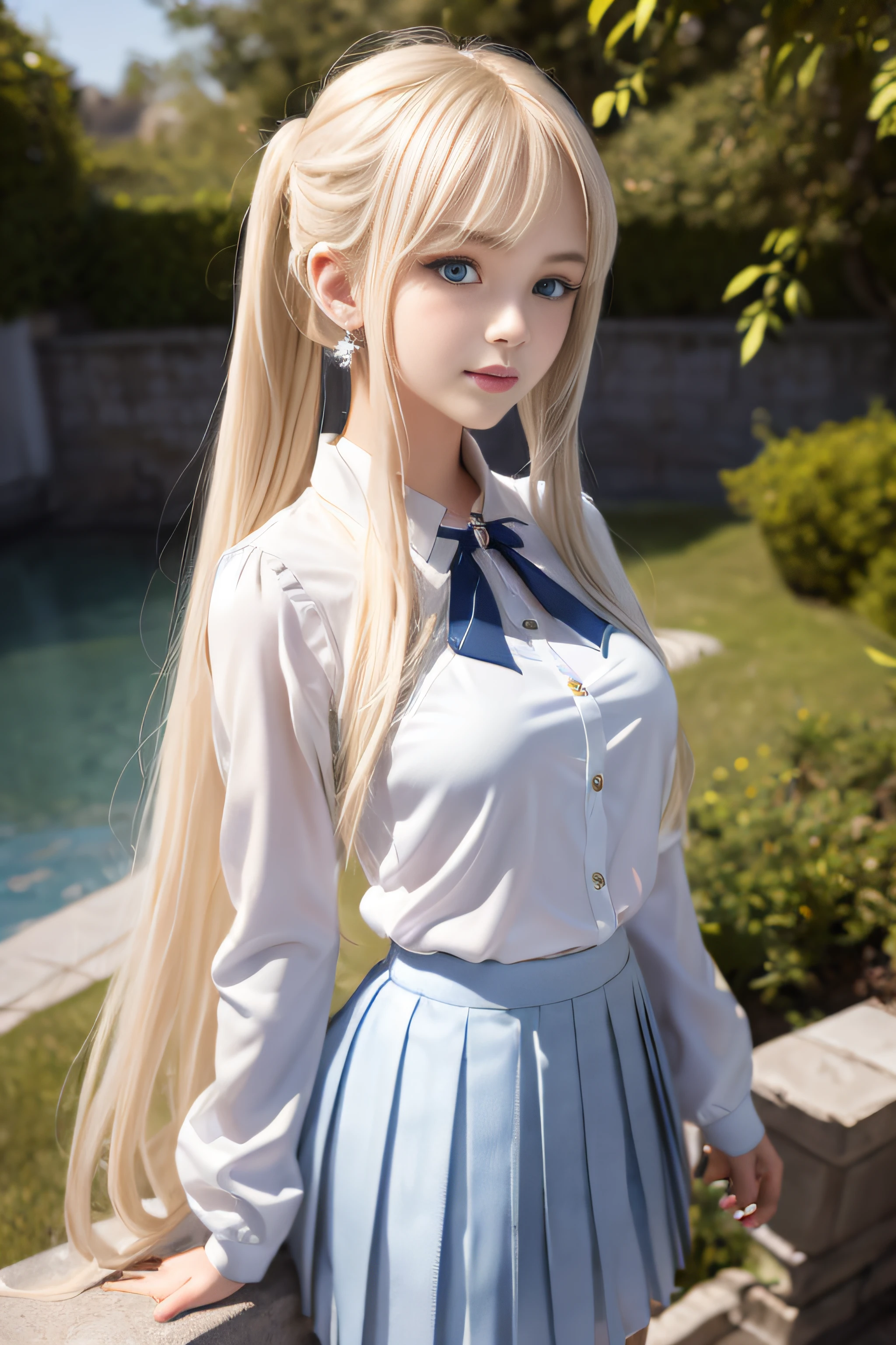 bright expression、pony tails、Young and shiny fair skin、Best looking、Blonde hair reflects light、Platinum blonde hair,Exuding dazzling highlights、Shiny light hair,、Extra long silky straight hair、Beautiful bangs that shine、Glowing, crystal clear and charming big blue eyes、Very nice and lovely girl、plump bust,美丽细致的眼睛, beautiful detailed nose,(( full bodyesbian:1.25)),Makeup that emphasizes the eyes、((Multipleated pleated skirt)),(A woman like Joan of Arc)、armure、cavalier, with sword and shield,Royal style,Manhwa Style, , sub surface scattering, ornate detail, nature backdrop, hyper realisitc, Cinematic, dramatic lights, On the table