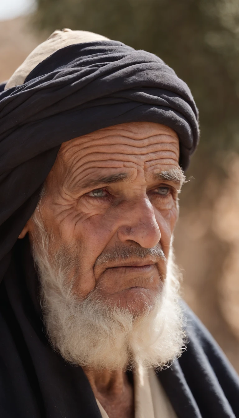 Palestine, old man, suffering, blue eyes, ararabian, after war, (((very wrinkles))), hard working, very proud, sunshine upon his face, tipical palestine costume and hat, praying to God